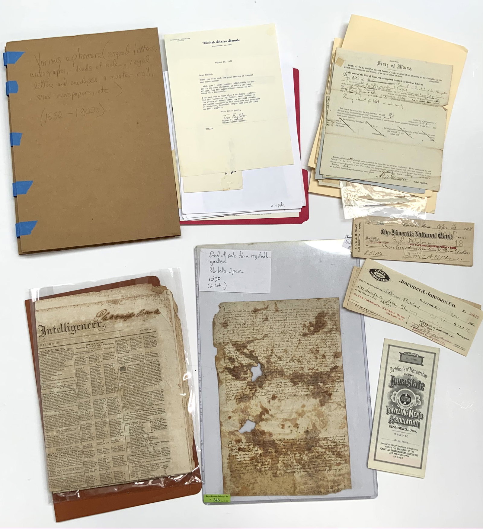 Lot of Various Ephemera, from 1530 to the 1900's.: Includes: Signed Paper Letters, a Very Old Deed, Autographs, Royal Letters, and 1840's Newspapers.