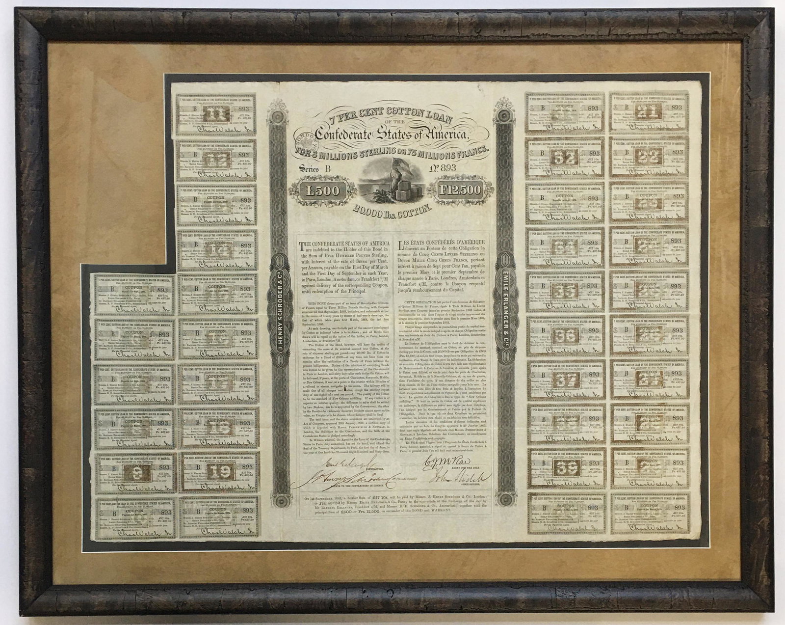 Civil War Confederate War Bond, Framed.: A 7 Percent Cotton Loan War Bond. The Bond is for 500 Pounds Sterling or 12,500 Francs. The Bond is Backed by 20,000 Pounds of Cotton. Bond Measures 17 3/4" x 23 1/2". Third-Party Shipping Required.