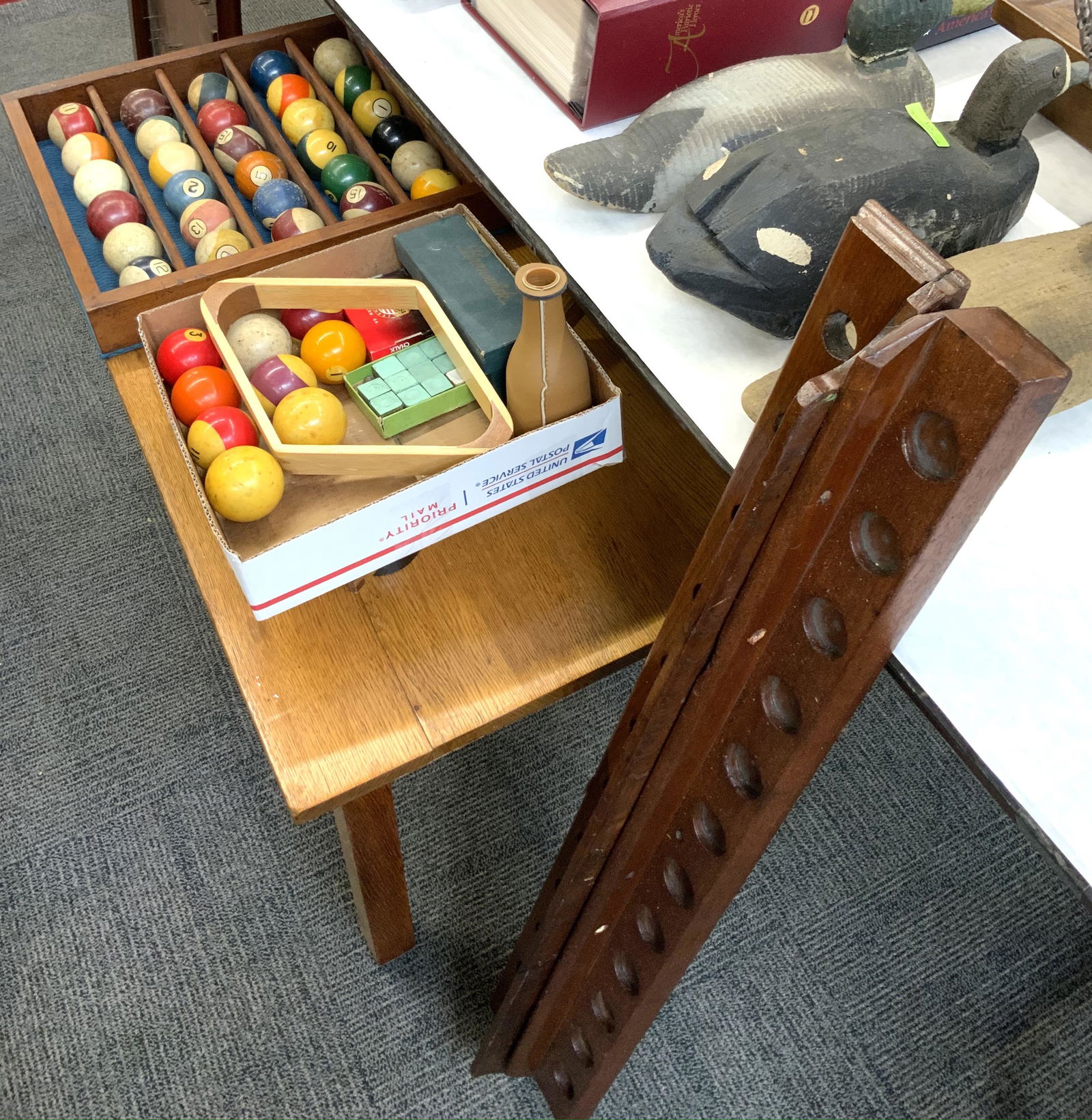 Vintage Pool Table Balls, Cue Rack, etc.: Includes 2 Complete Sets of Balls, Cue Holder, etc. - Third-Party Shipping Required.