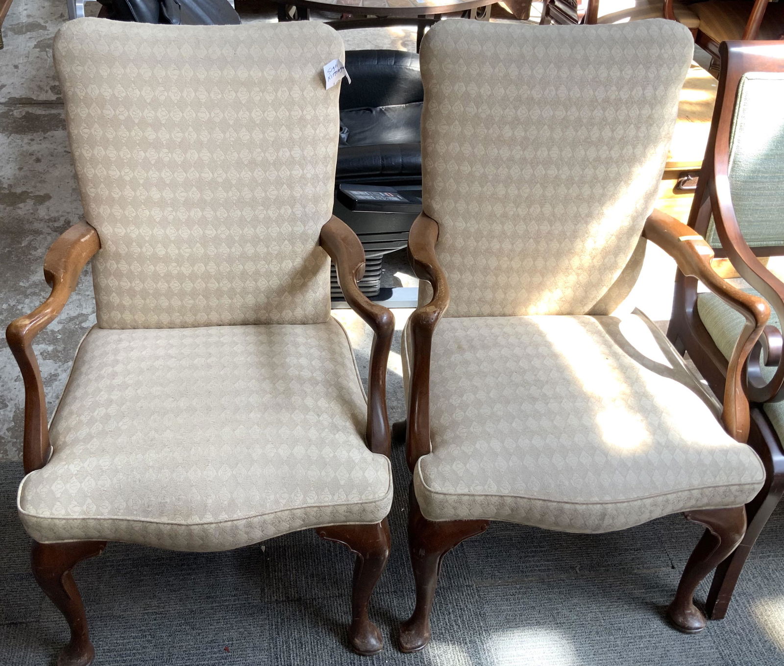 Pair of Kittinger Upholstered Wood Armchairs.: Third-Party Freight Shipping or Personal Pickup Required.