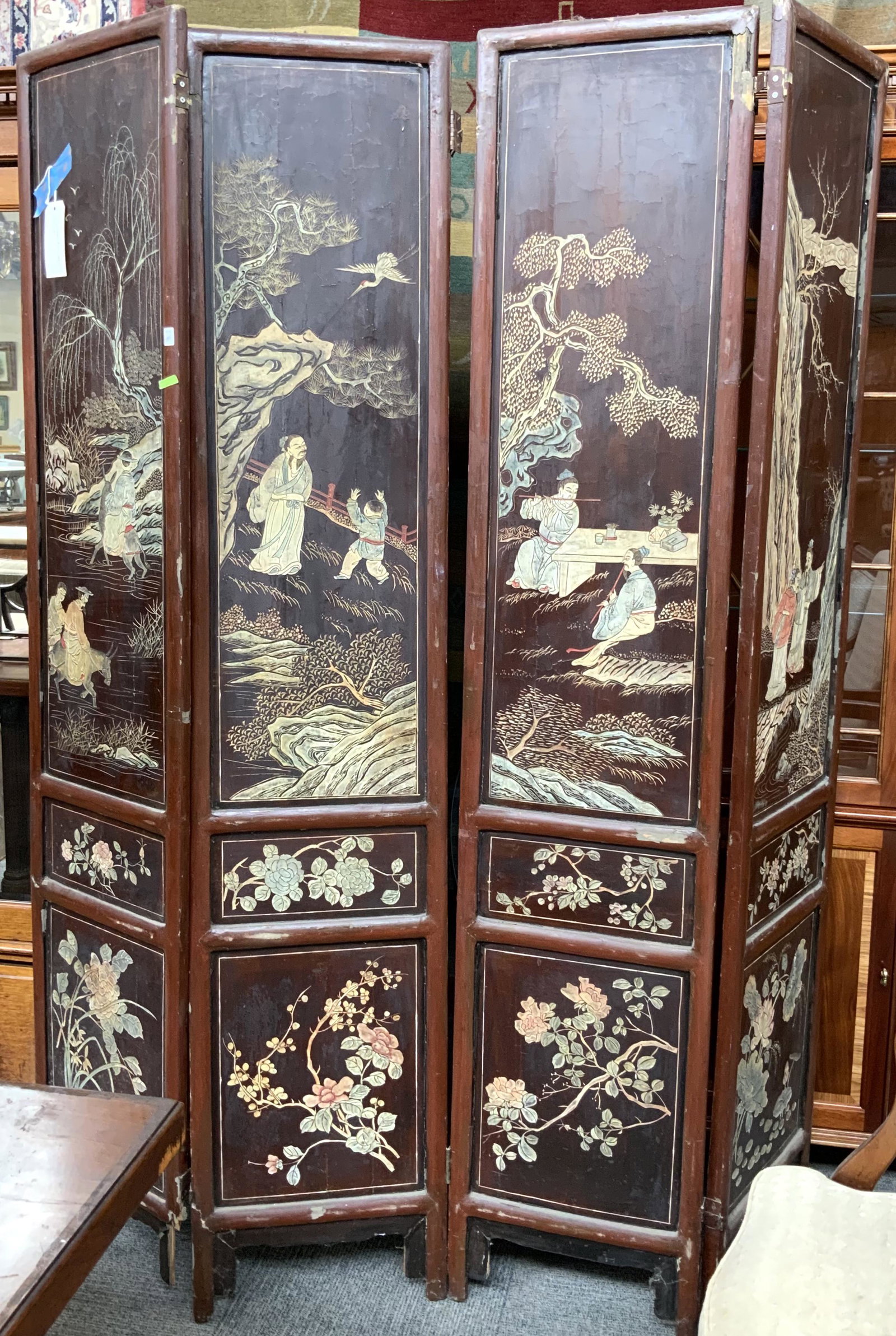 Old Chinese 4-Panel Dressing Screen.: Measures 7' Tall. Third-Party Freight Shipping or Personal Pickup Required.