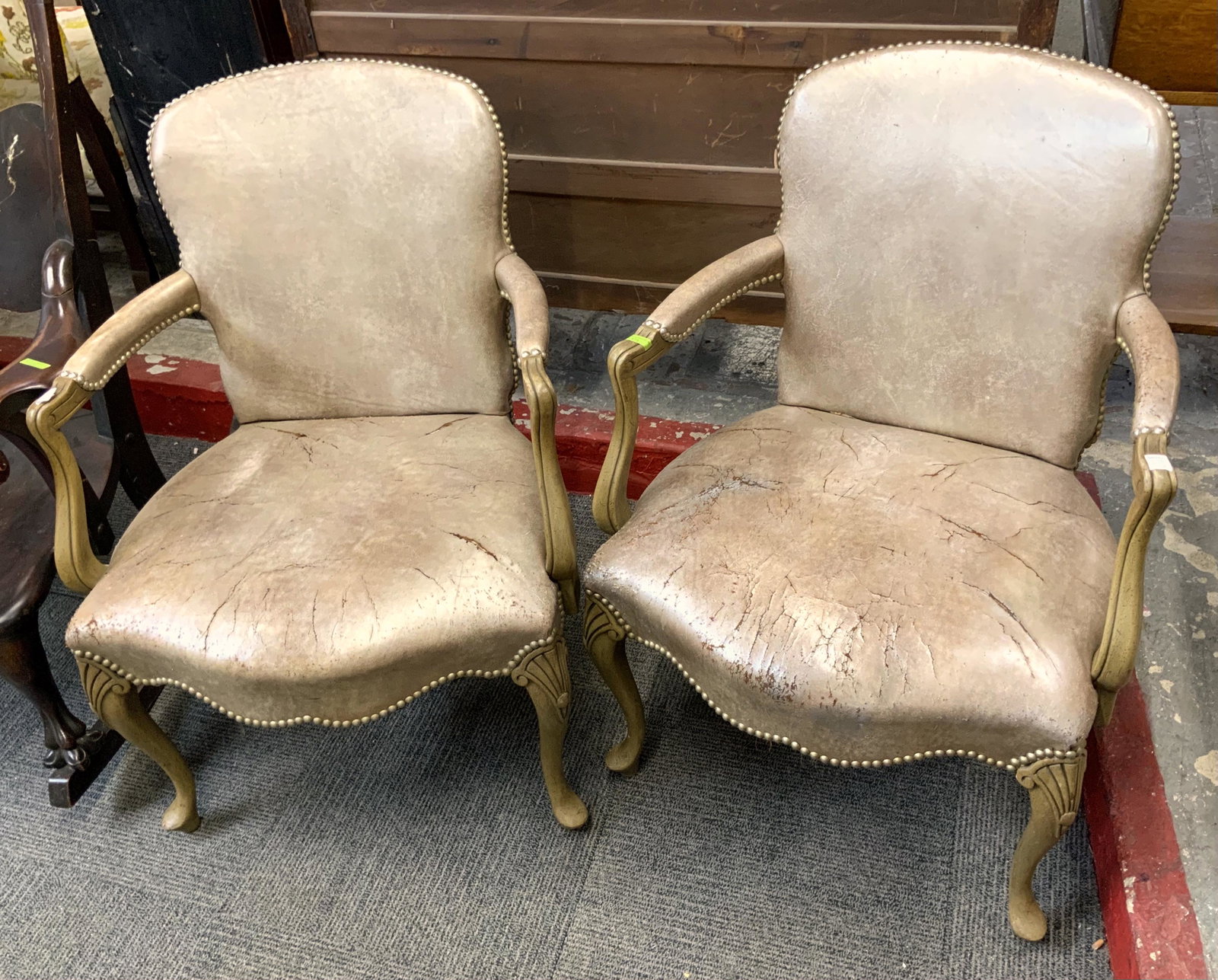 Pr. of Grey Leather Armchairs, As Is.: Third-Party Freight Shipping or Personal Pickup Required.