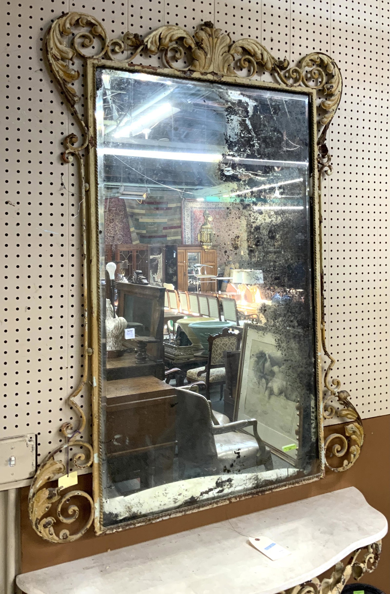 Marble-Top Iron Console Table w/Mirror.: Third-Party Freight Shipping or Personal Pickup Required.