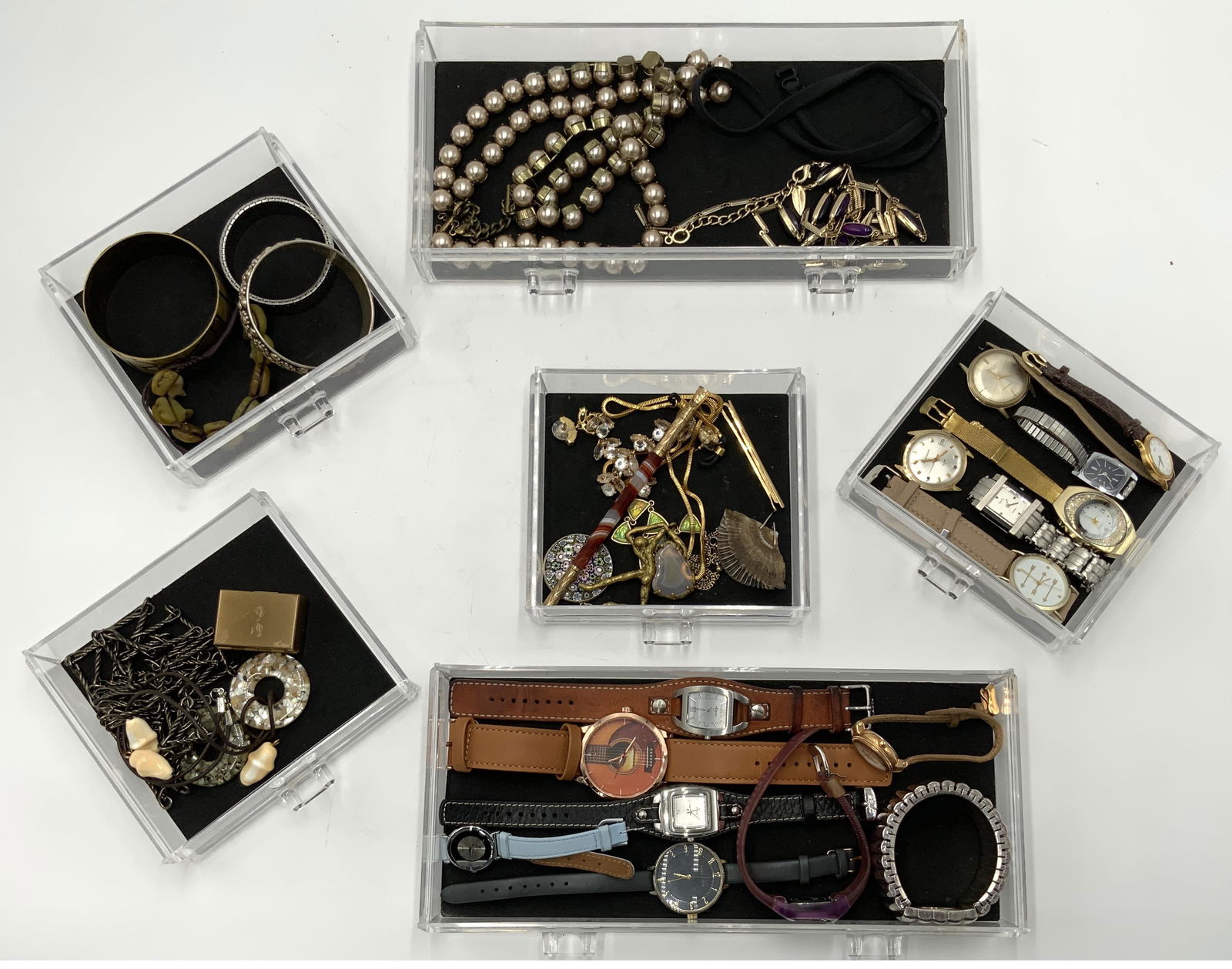 Lot: Asst. Watches & Costume Jewelry.: Includes an Agate Pen (As Is), Millefiori Pendant, Necklaces, Bracelets, and Watches by Fossil, Anne Klein, Anne Klein II, Relic, Jowissa, TMX, Timex, Seiko, Olivia Pratt, Ceci, Elgin and Orvin.