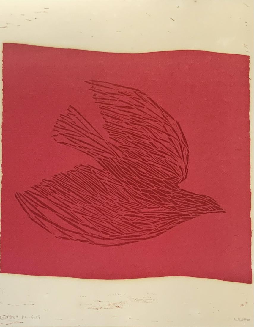 Margo Hoff Woodblock Print, "Sunset Flight".: Signed in Pencil, Lower Right. Titled Lower Left. Image Size Measures 12 1/4" x 13 1/2". Frame Size Measures 25" x 21". Third-Party Shipping Required.