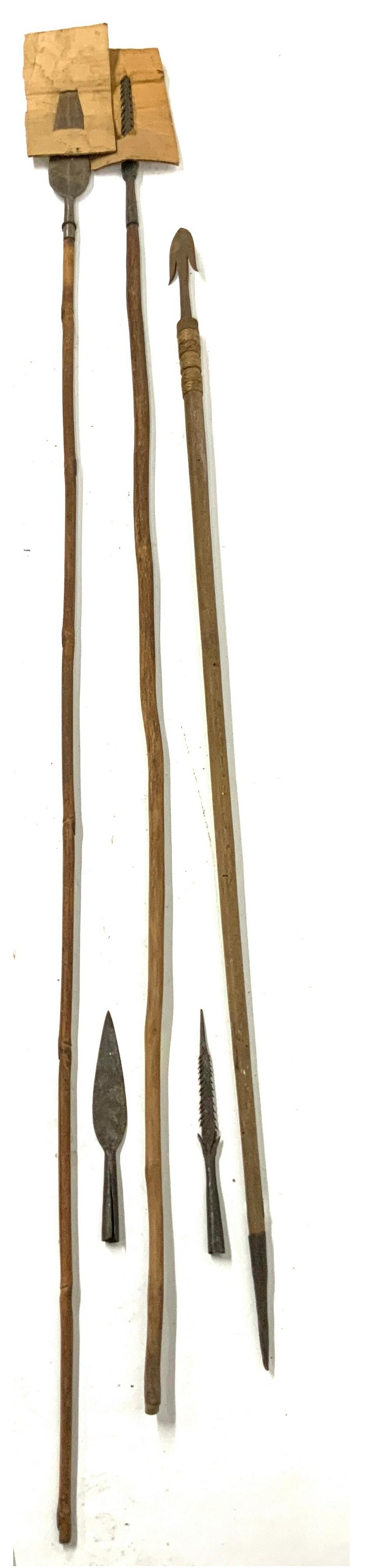 Lot of 3 Spears and 2 Metal Spear Heads.: One Actually Looks Like a Harpoon. The Longest Spear Measures 81". The Spear Heads (Without Shafts) Measure 9 1/2" and 10" Long. The Metal Head of the Harpoon Measures 8 1/4" Long. The Other Two Spear