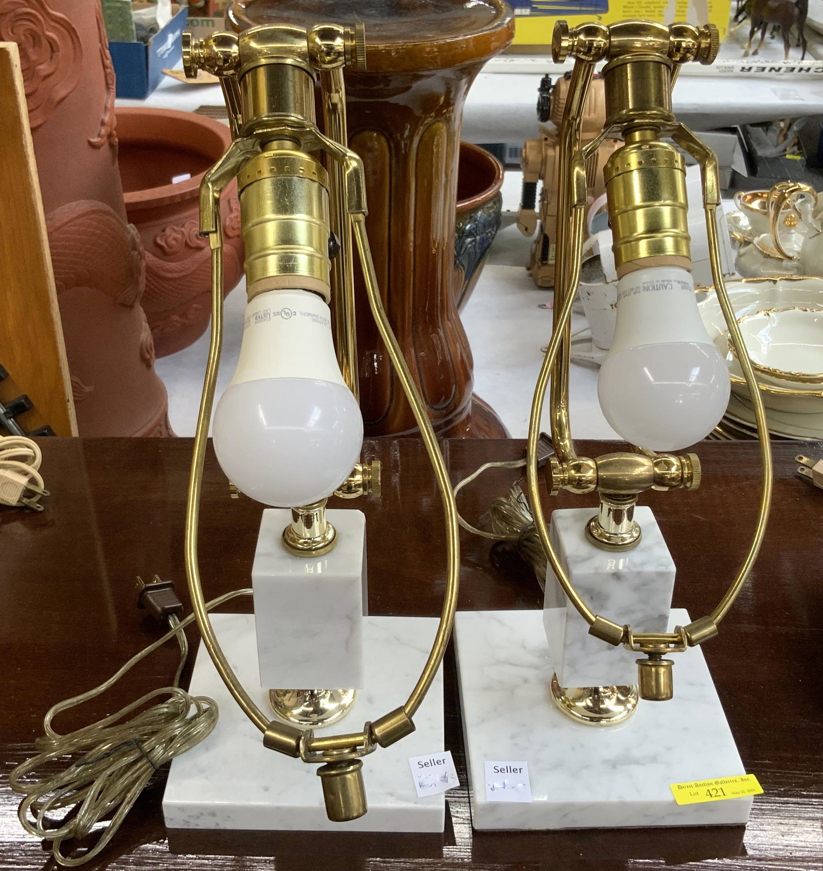 Pair of Italian Marble & Brass Lever Lamps.: These measure 26" Tall when Fully Extended. Third-Party Shipping Required.