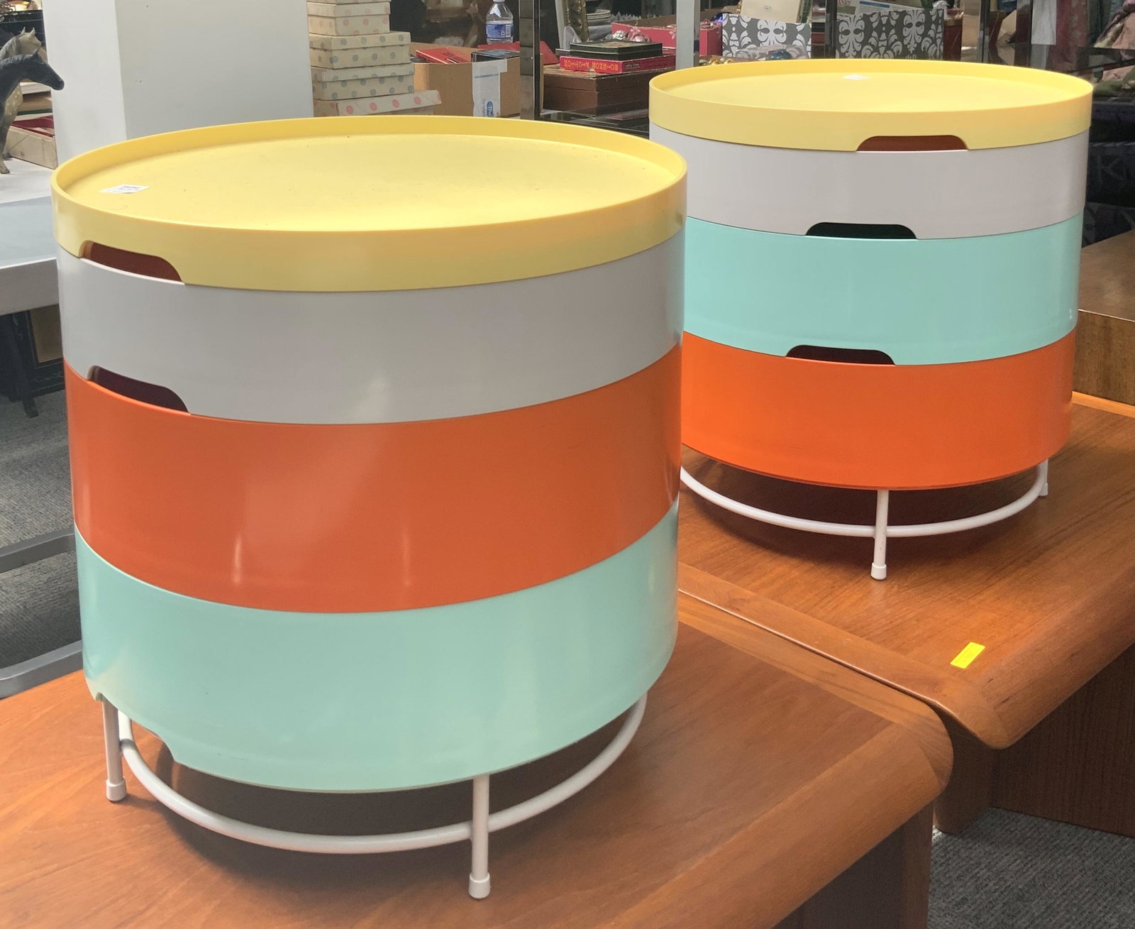 Pair of Modern Plastic Stacking Tables w/Storage.: Each Section Can Hold Materials. Trendy and Utilitarian. These Measure 17 1/2" Tall and 17 1/4" in Diameter. Third-Party Shipping or Personal Pickup Required.