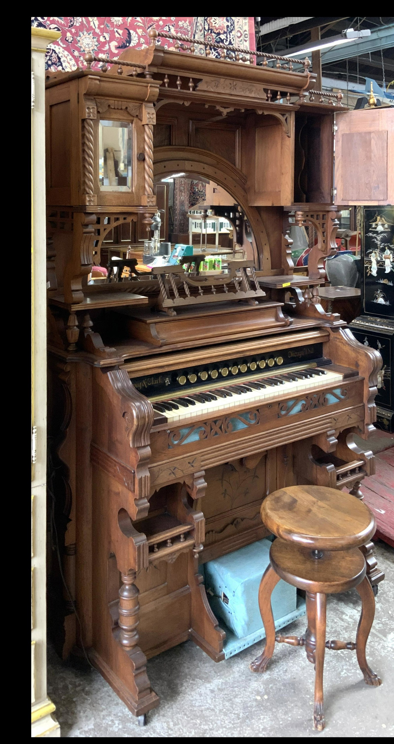 Story & Clark Pump Organ with Stool.: Electrified. It Works. Measures 86" Tall. Third-Party Freight Shipping or Personal Pickup Required.