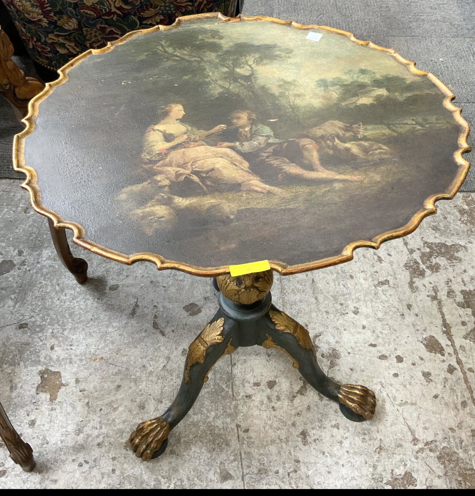 Tilt-Top Table with Painting of People & Goats.: Third-Party Freight Shipping or Personal Pickup Required.