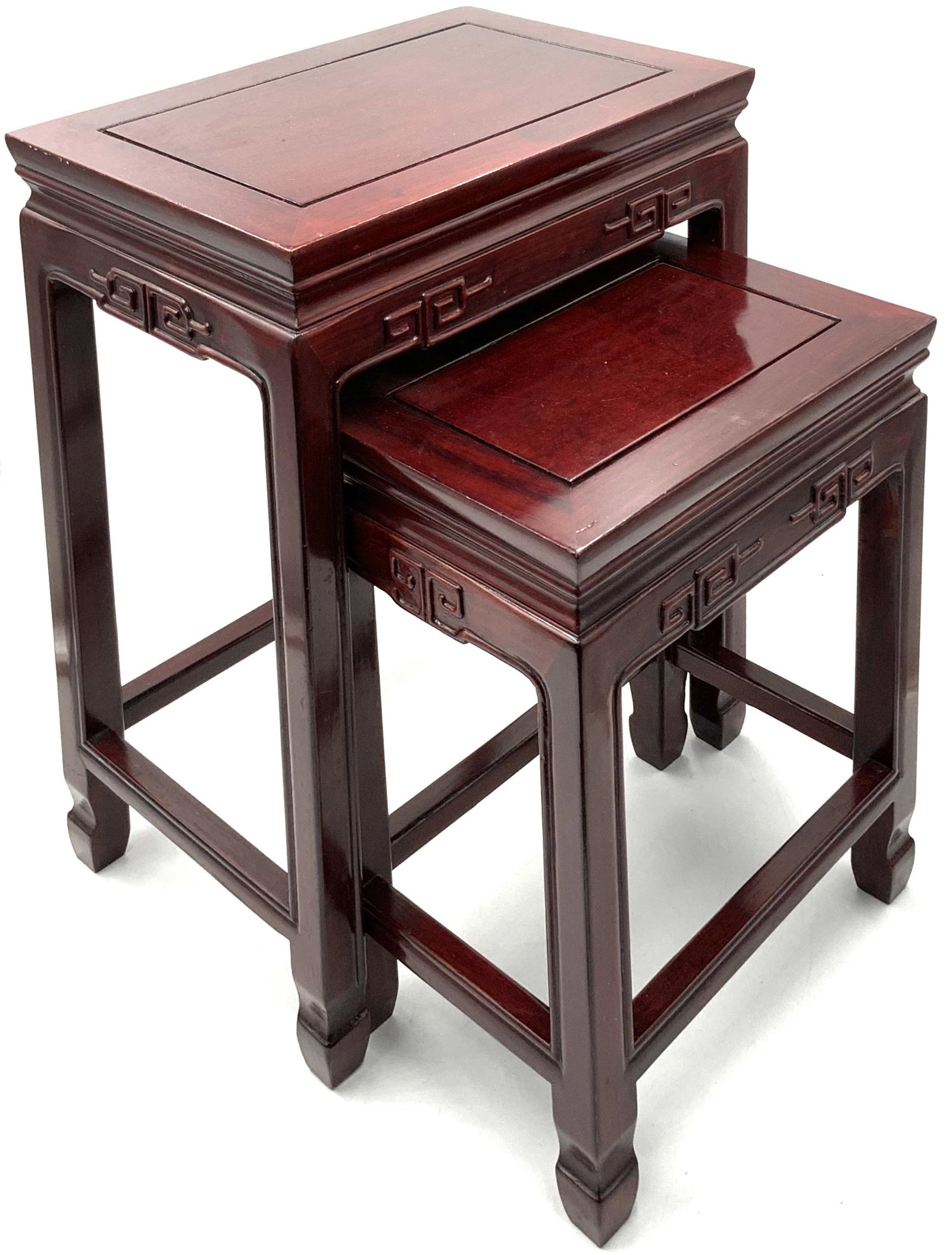 Lot of Two Small Redwood Asian Nesting Tables.: These Measure 18" and 14" Tall. The Surface Size on these is 10" x 14 3/8", and 8" x 11 1/2". They have Some Wear and Light Scratches. Third-Party Shipping Required.