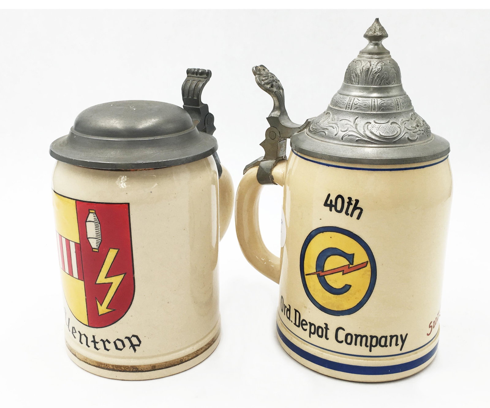Pair of Antique Cold War Steins.: Munich and Ventrop (The Location of a Nuclear Reactor in Russia). The Munich Stein Measures 8" Tall to the Peak of the Lid, and the Ventrop Stein Measures 6" Tall. Third-Party Shipping or Personal Pic