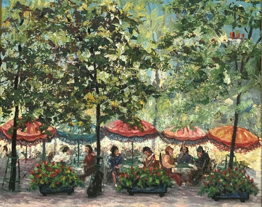Painting of Outdoor Cafe by Sam Markitante.: Oil on Masonite. Signed Lower Right and en Verso, marked "Paris". Masonite Portion Measures 25 1/4" x 30". The Frame adds 5 1/2" on each Side. Third-Party Shipping or Personal Pickup Required.
