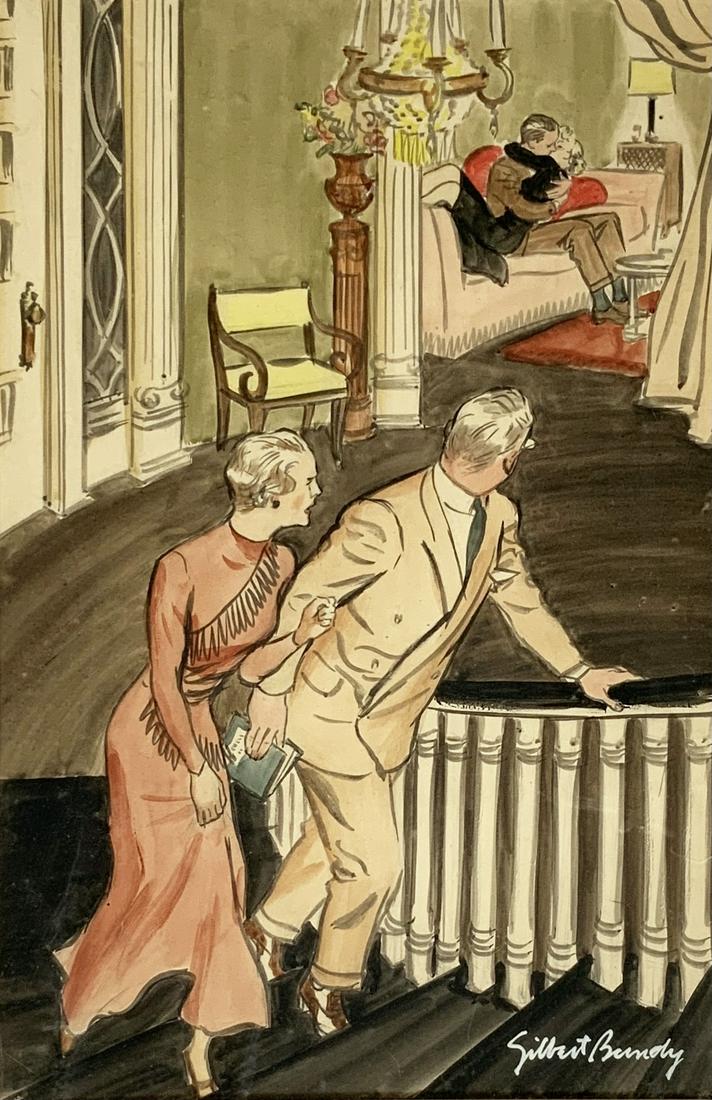 Gilbert Bundy Original Watercolor Illustration.: From March 1936 Esquire Magazine, with the Subtitle "Stop Staring at Daughter, She is Self-Conscious Enough as it Is". Signed in Gouache, Lower Right. Image Measures 18" x 12". The Frame and Matte hav