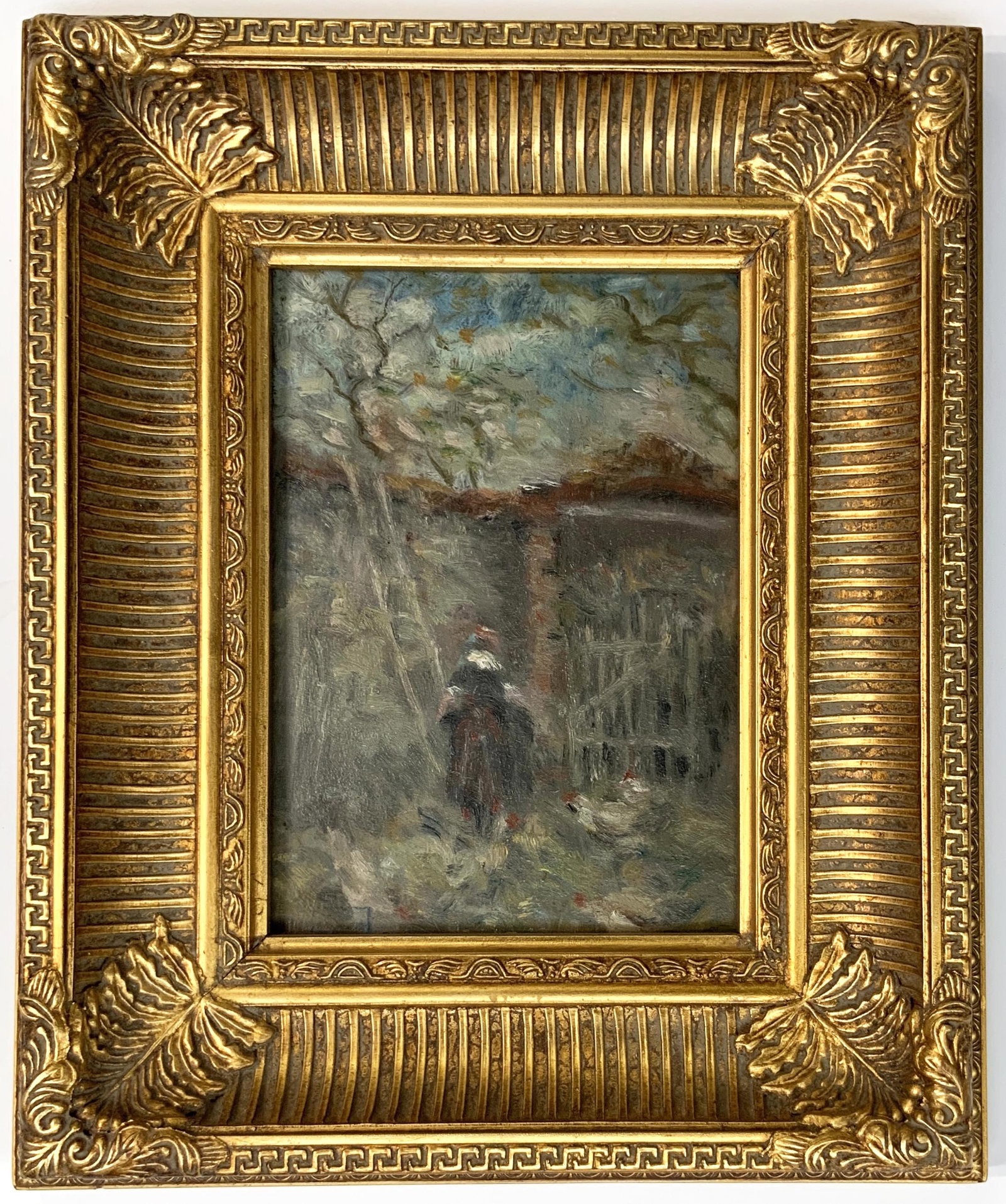 Antique French Impressionist Painting.: Artist Unknown. Of a Woman at a Gate. Image Size Measures 8 1/4" x 5 3/4". In an Ornate Frame, Measuring 14" x 12".