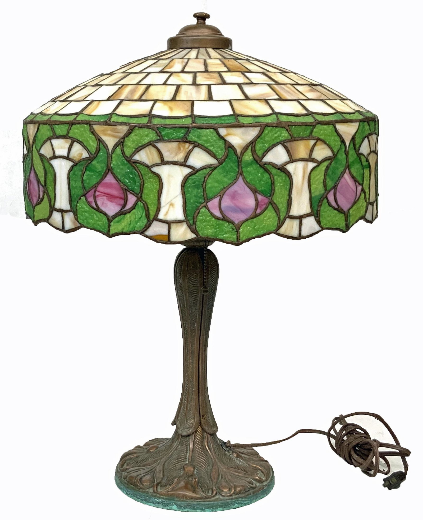 Antique Art Nouveau Stained & Leaded Glass Lamp.: With an Art Nouveau Base, and a Shade with Pink & Green Tulip Flowers. The Sockets have Acorn Pulls. The Stained Glass is in Very Good Condition, with a Few Cracks here and there, but all Glass is Int