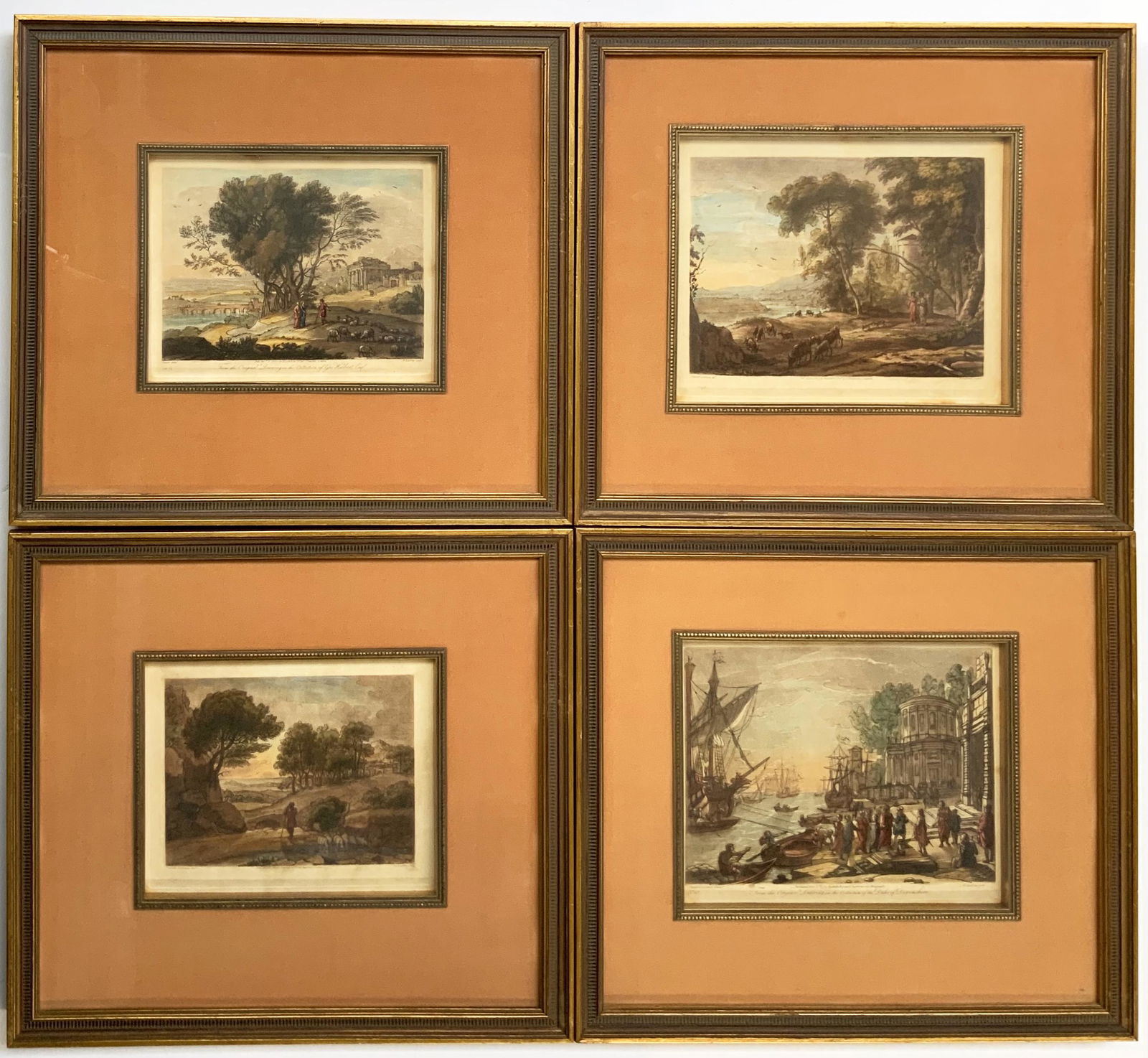 Set of 4 Hand-Colored Engravings by John Boydell.: Landscapes and a Harbor Scene, After Claude Lorraine. The Sight Size of Each Measures 9" x 10 3/4", not Including the Frame. Third-Party Shipping or Personal Pickup Required.