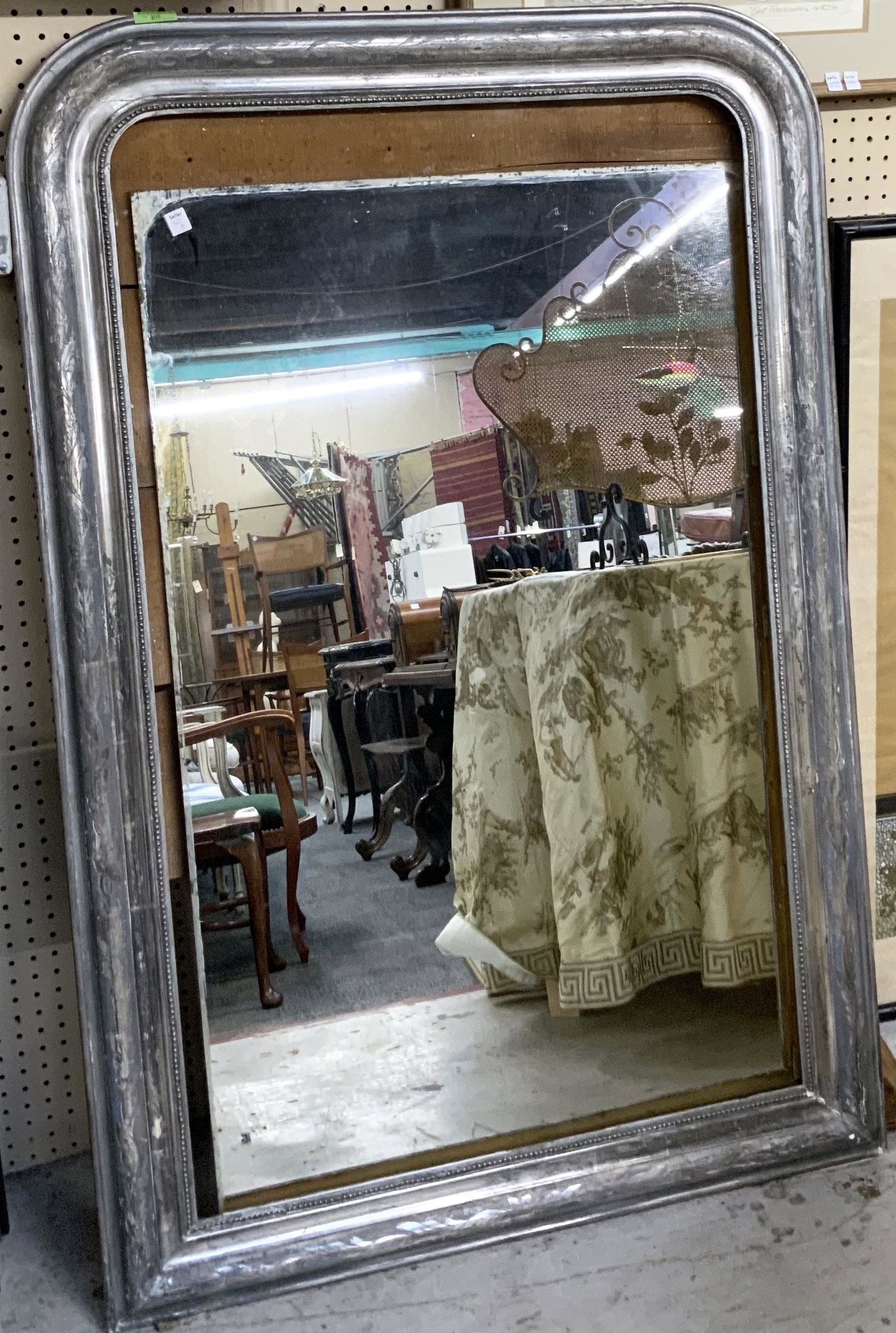Antique Silver Framed Mirror.: As Is - the Backing to the Mirror is Falling Apart, and the Mirror needs Re-Aligning. The Mirror Measures 57" Long by 37 1/2" Wide. Third-Party Shipping or Personal Pickup Required.