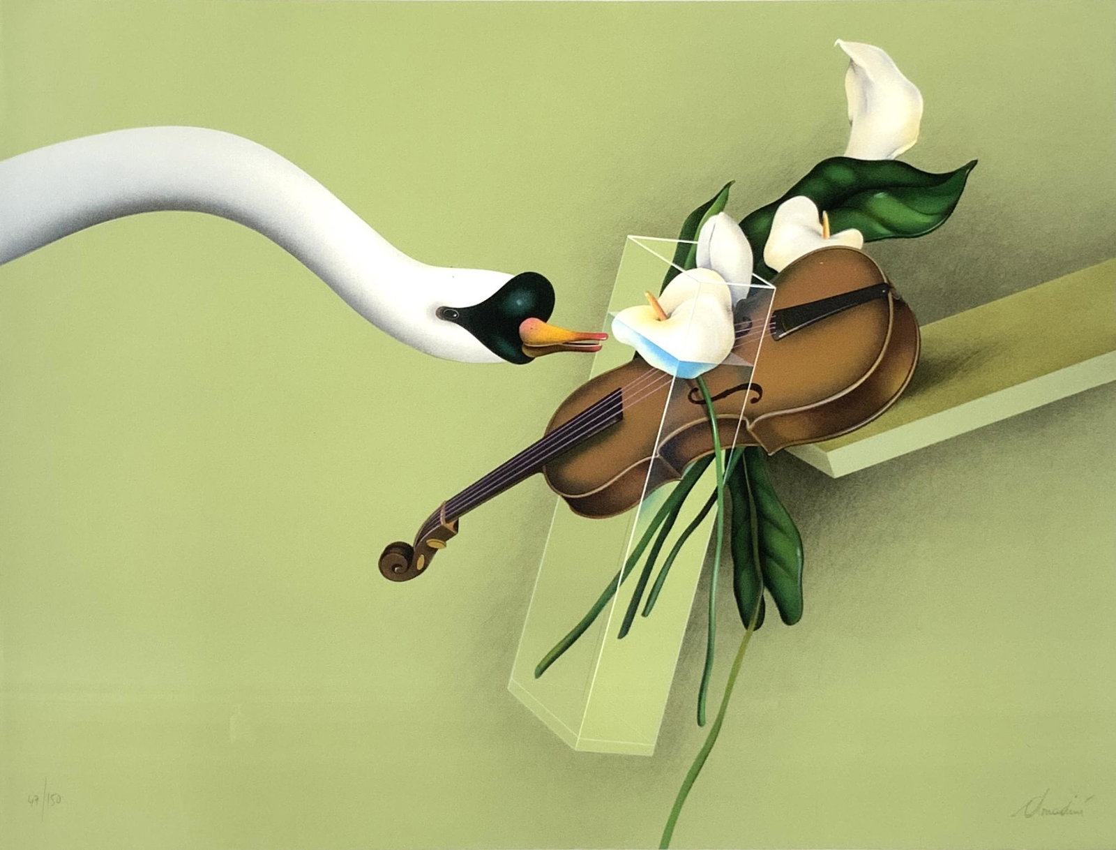 Jean-Paul Donadini Signed Lithograph.: Numbered 47 of 150. A Surrealist Scene with a Goose, Flowers and Violin. Measures 36" x 44", inc. the Ornate Frame. The Print itself Measures 22" x 29 1/2". The Print has a Tiny Dink in the Upper Left