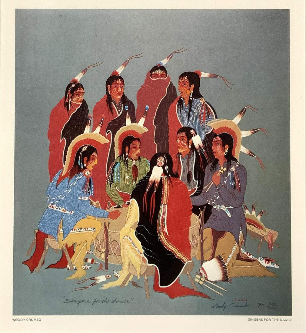 Woody Crumbo Signed & Numbered Print.: Titled "Singers for the Dance". Signed in Pen, Lower Right, and Numbered 305 of 750. Image Size Measures 10 1/4" x 9 1/4". The Frame Measures 19 3/8" x 17 1/2". Third-Party Shipping or Personal Pickup