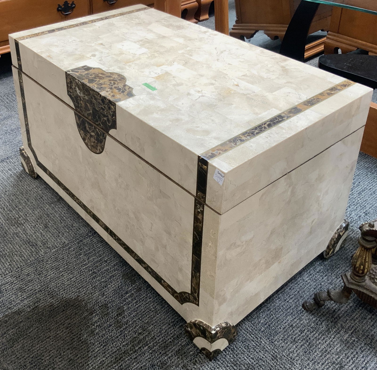 Tessilated Marble Inlay 34" x 20" Trunk.: In the Style of Maitland-Smith. Third-Party Freight Shipping or Personal Pickup Required.