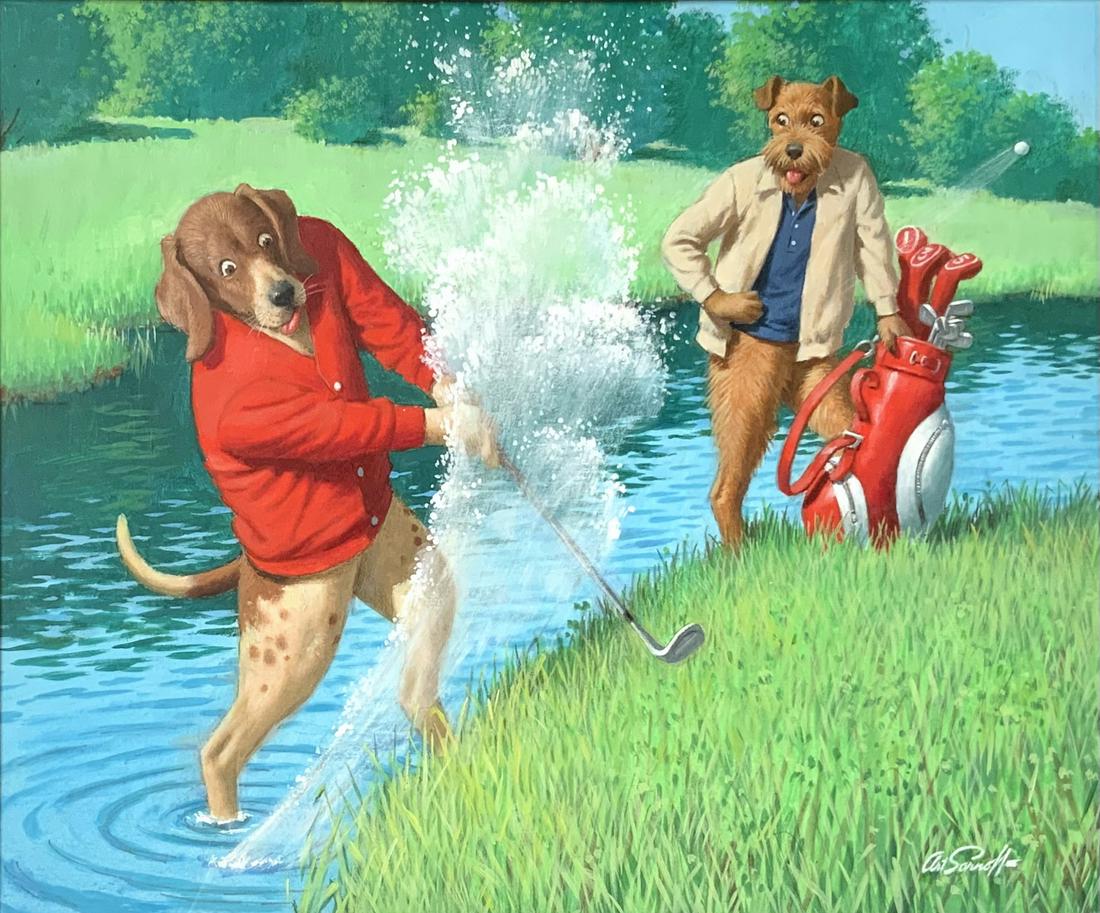 Arthur Sarnoff Painting of Dogs Golfing.: Arthur Sarnoff is best Known for his Famous "Dogs Playing Pool" and "Dogs Playing Poker" Paintings. This one is an Original Gouache or Mixed Media Painting of a Dog Chipping a Ball out of the Marsh, w