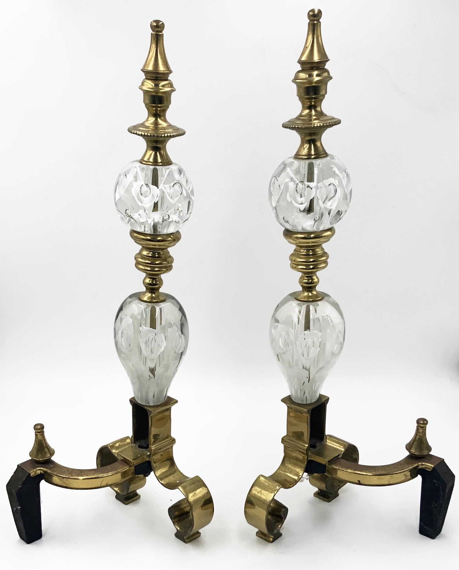 Pair of St. Clair Art Glass & Brass Andirons.: These Measure 23" Tall, and are in Excellent Condition. Third-Party Shipping or Personal Pickup Required.
