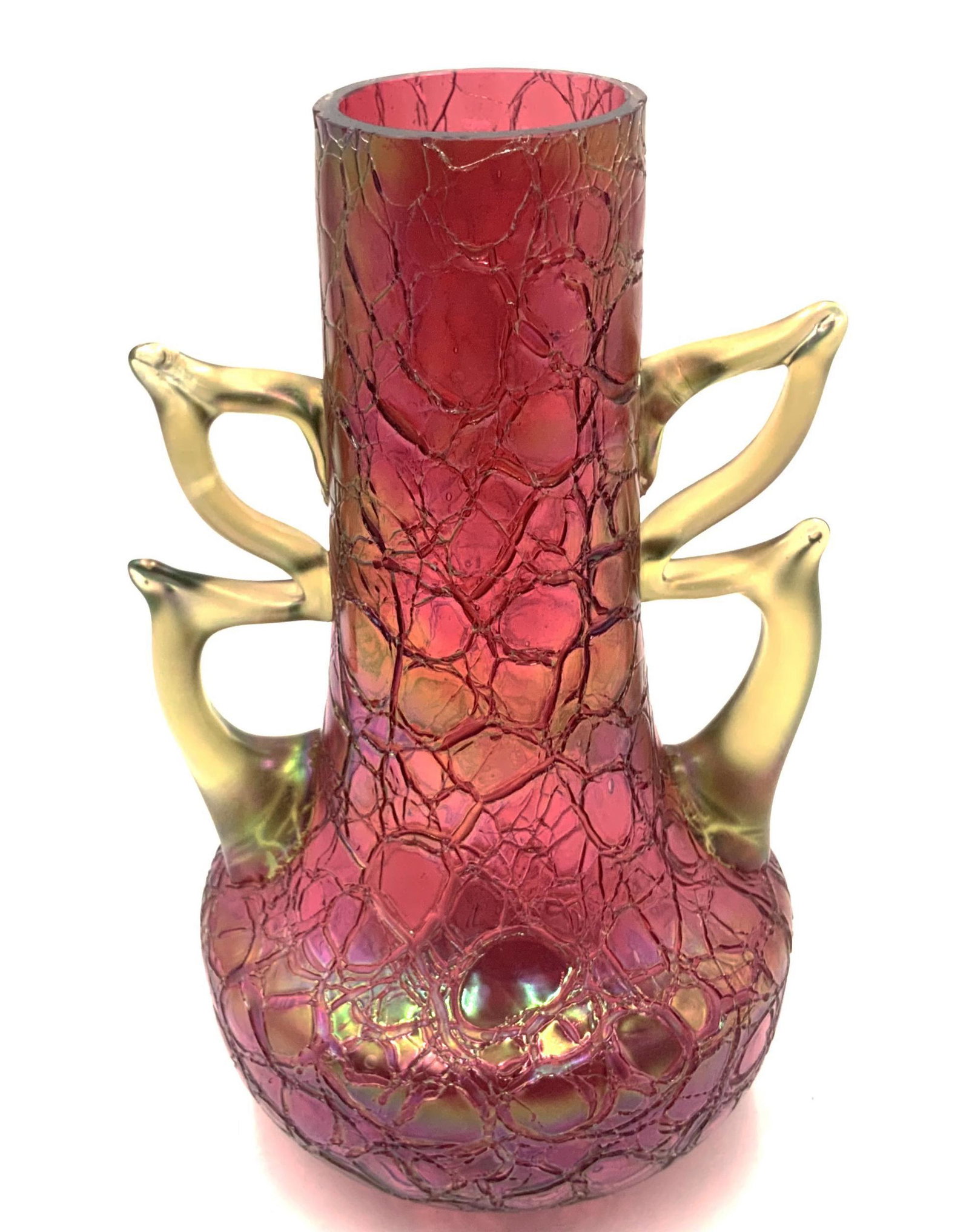 Red Crackle Design Loetz-Style Art Glass Vase.: With Handles. Unsigned. The Rim has a Couple of Tiny Chips in it, More like Flea Bites. Measures 9 3/4" Tall and 5 1/2" in Diameter. A Fancy Piece of Red Iridescent Art Glass. Third-Party Shipping or 