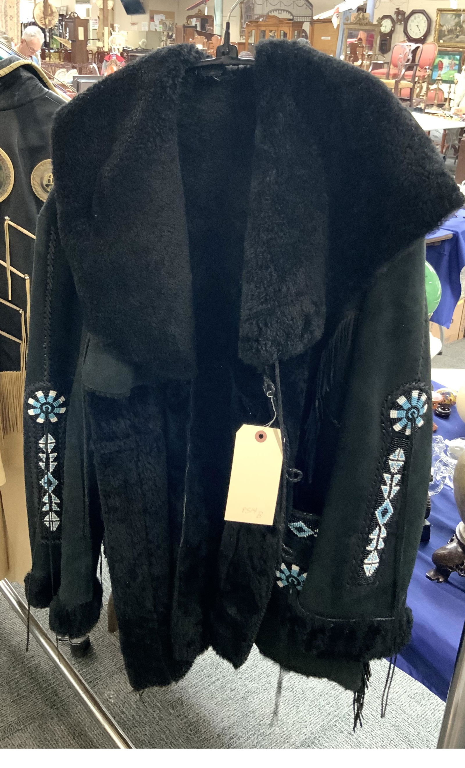 Arturo Suede Black Indian-Style Jacket.: With Faux fur Inside and Beadwork and Fringe on the Outside. Marked Size 48, Probably the Equivalent of a Large. Made in Old Sonora, Mexico.