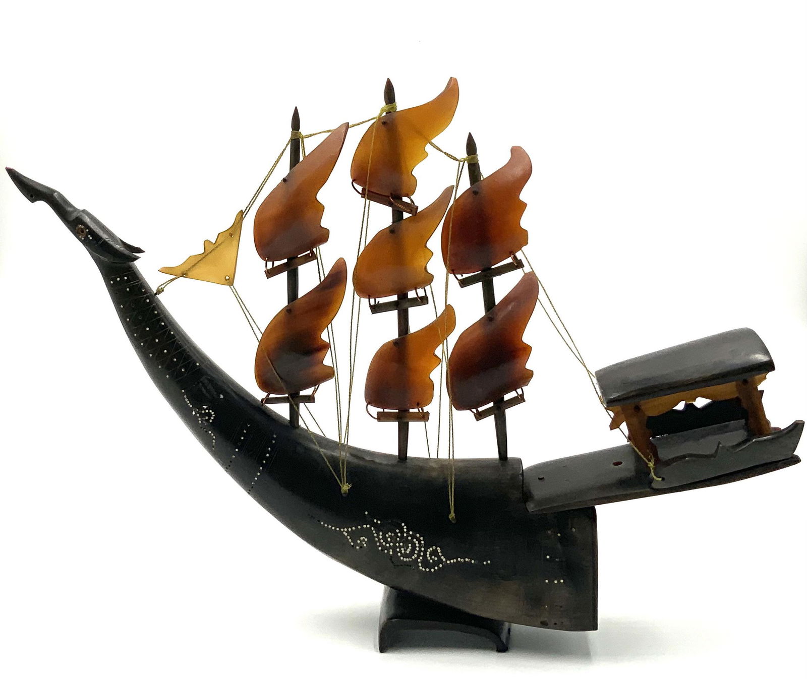 Vintage Carved Horn Ship.: Missing some Bone Inlay. Measures 13" Tall.