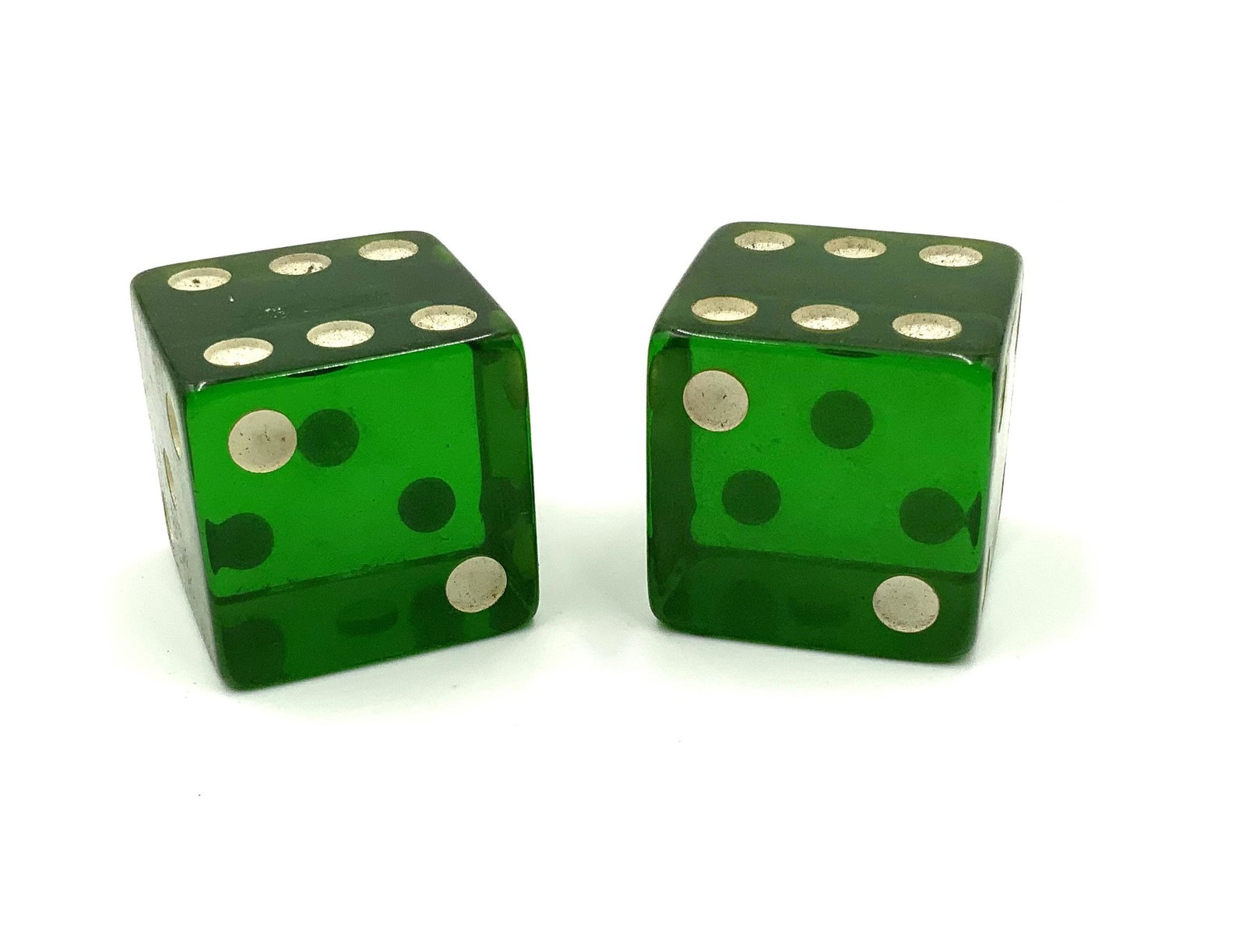 Pair of Green Vintage Bakelite Jumbo Dice.: In the Original Box, but the Box is Damaged. The Dice Measure 1 15/16" Square.