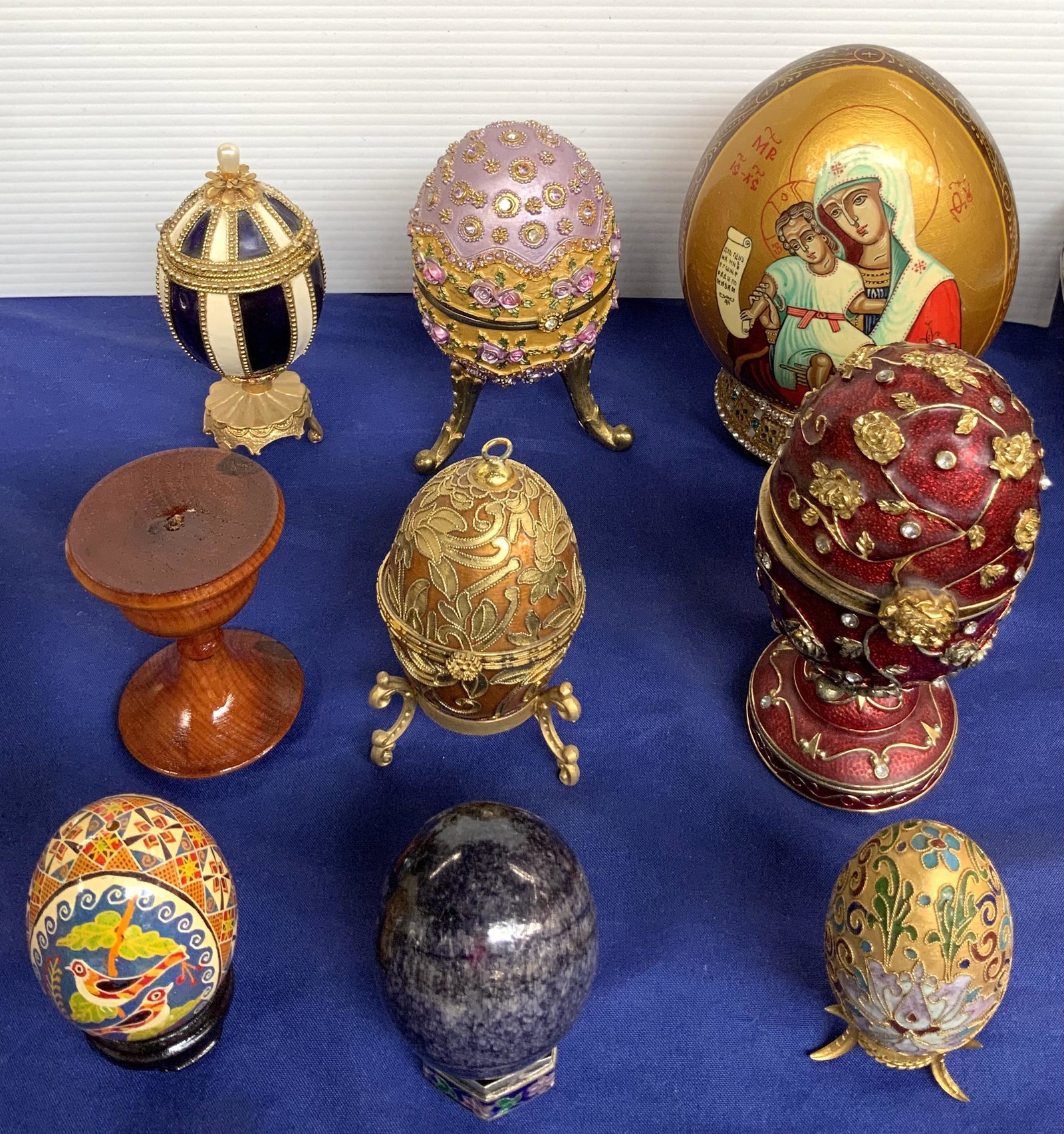 Lot of Decorative Eggs, inc. an Ostrich Egg.: One Egg is an Icon-Style Egg, Hand-Painted. It Measures 6 1/4" Tall. Third-Party Shipping or Personal Pickup Required.
