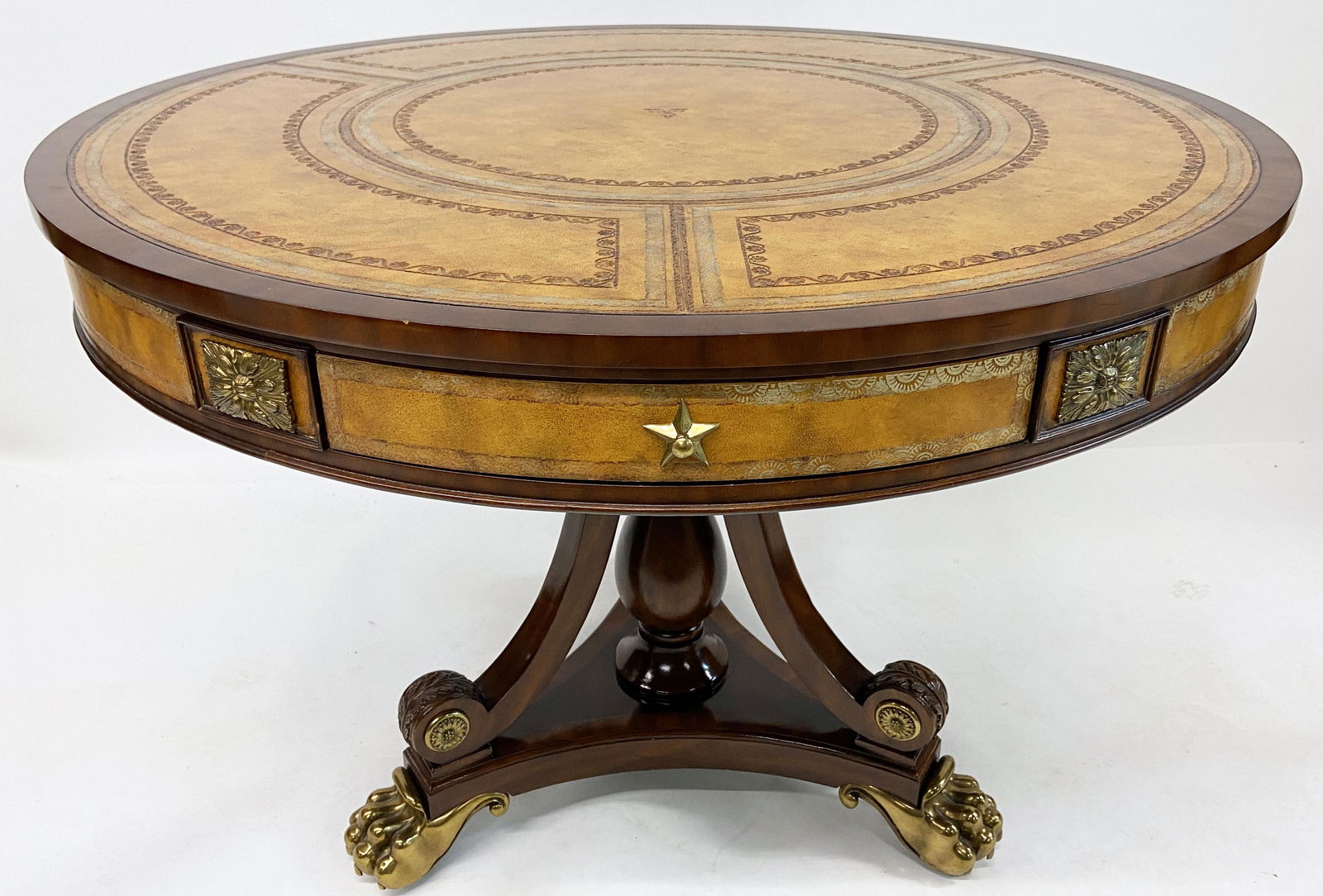 Maitland-Smith Leather-Top Drum Table.: Signed in One of the 3 Drawers. Measures 40" Diameter, and 28" High. Third-Party Freight Shipping or Personal Pickup Required.