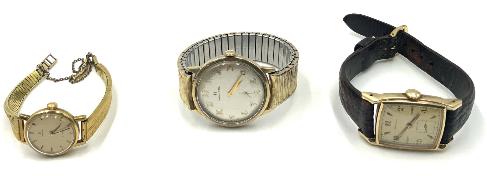 Lot of 3 Vintage Watches, all Running.: Includes: 2 Hamilton Men's Watches (The Round One Measures 34mm in Diameter, and has Scratches on the Crystal. The Rectangular One has Some Rust on the Hands, Scuffs on the Crystal, and Measures 24mm 