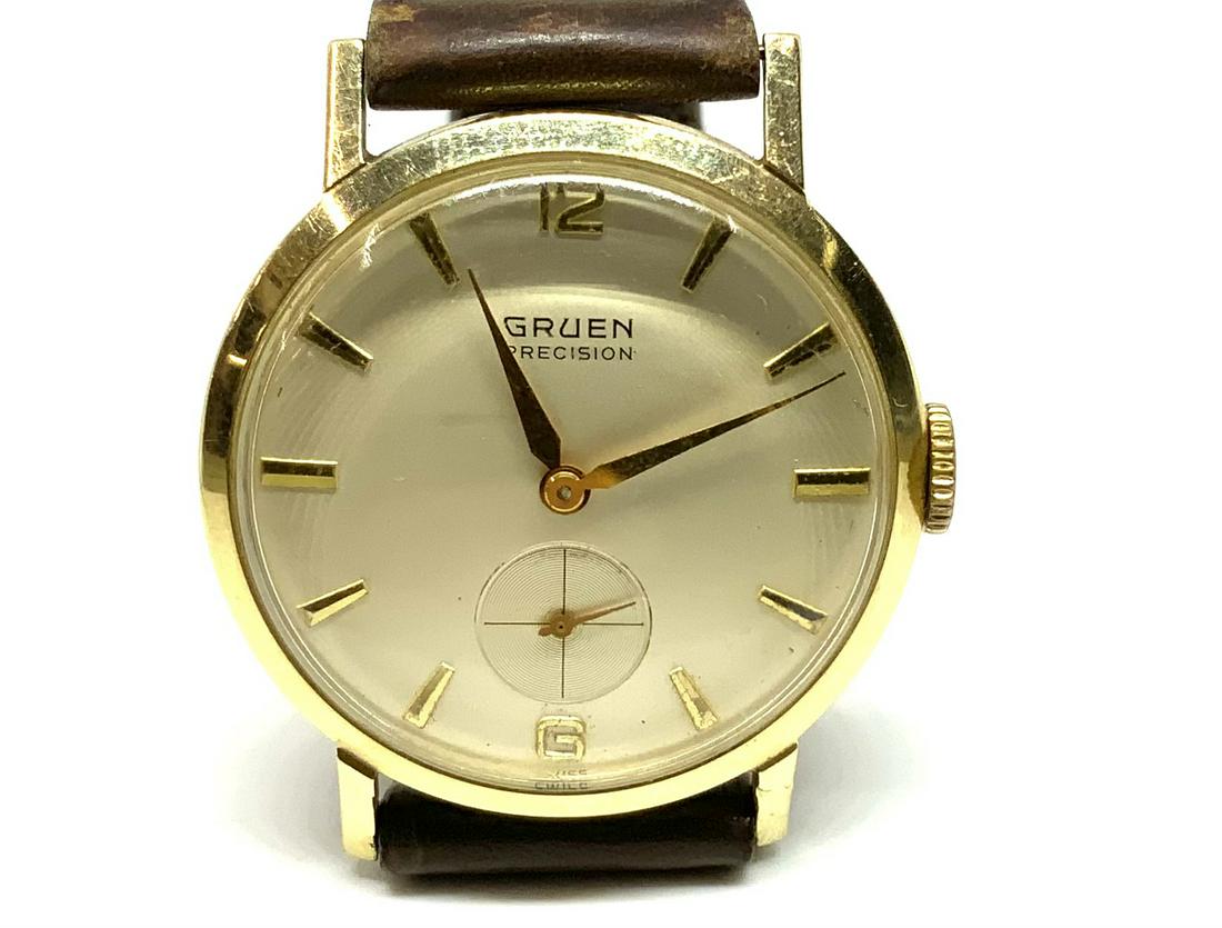 14K Vintage Gruen Precision Men's Watch.: It Ticks. Measures 33mm in Diameter.