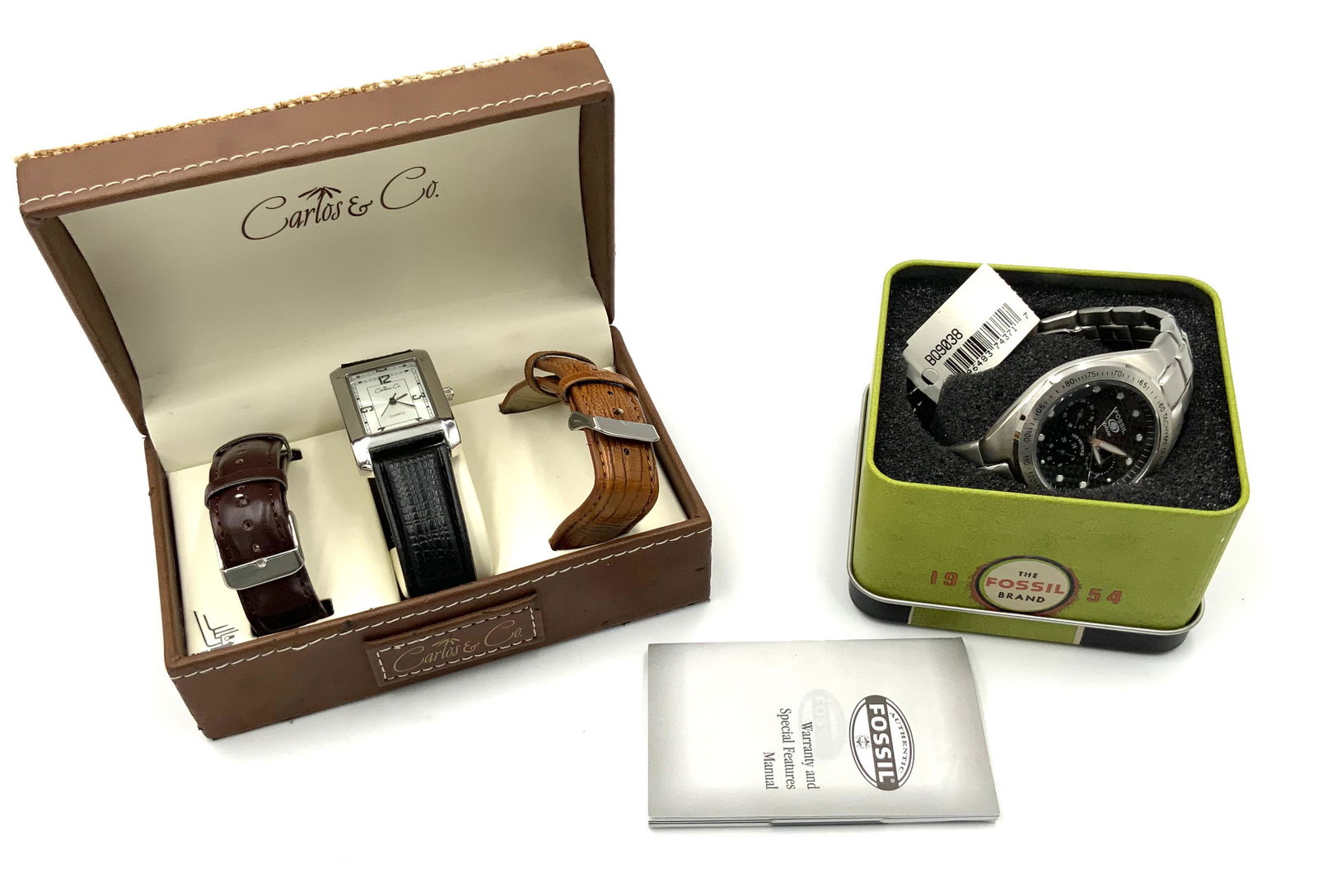 Lot: 2 Men's Watches: Fossil and Carlos & Co.: Both Watches are in Original Boxes, and are Working. The Carlos & Co. Watch comes with 2 Additional Bands.