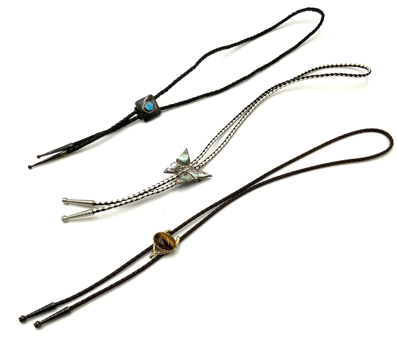 Lot of 3 Bolo Ties - 2 Are Sterling Silver.: The Abalone & Butterfly Piece is Actually a Pin, and Measures 1 7/8" Long. It has a Crack in the Abalone in One Section. The Turquoise and Sterling One Measures 1" x 1 1/16". The Back Clip on this One