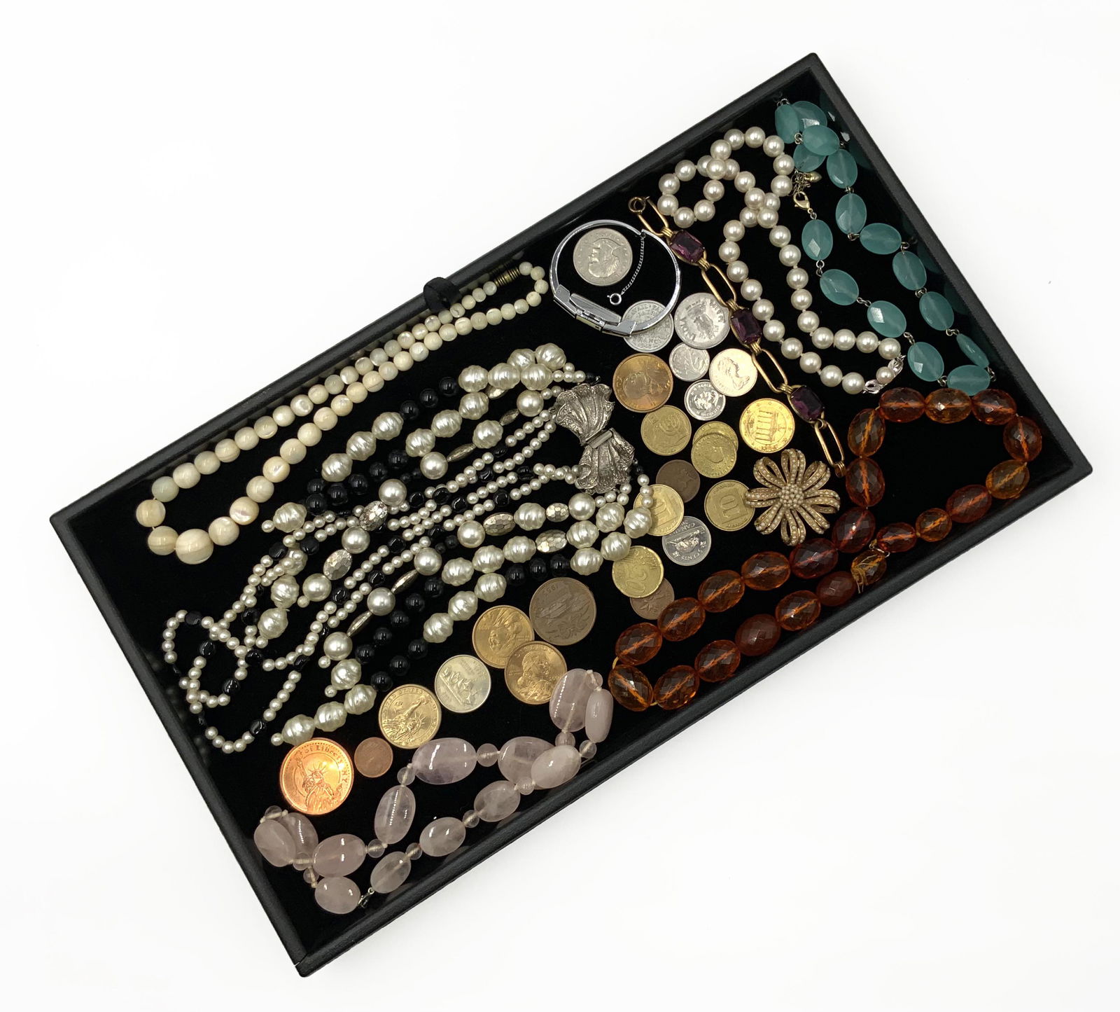 Lot of Assorted Jewelry, Coins & Tokens.: Includes an Amber-Style Necklace (Similar to Cherry Amber, but Golden in Color), a Rose Quartz Necklace, a Mother-of-Pearl Beaded Necklace, a Milus 17-Jewel Ladies' Bracelet Watch, Costume Jewelry, et