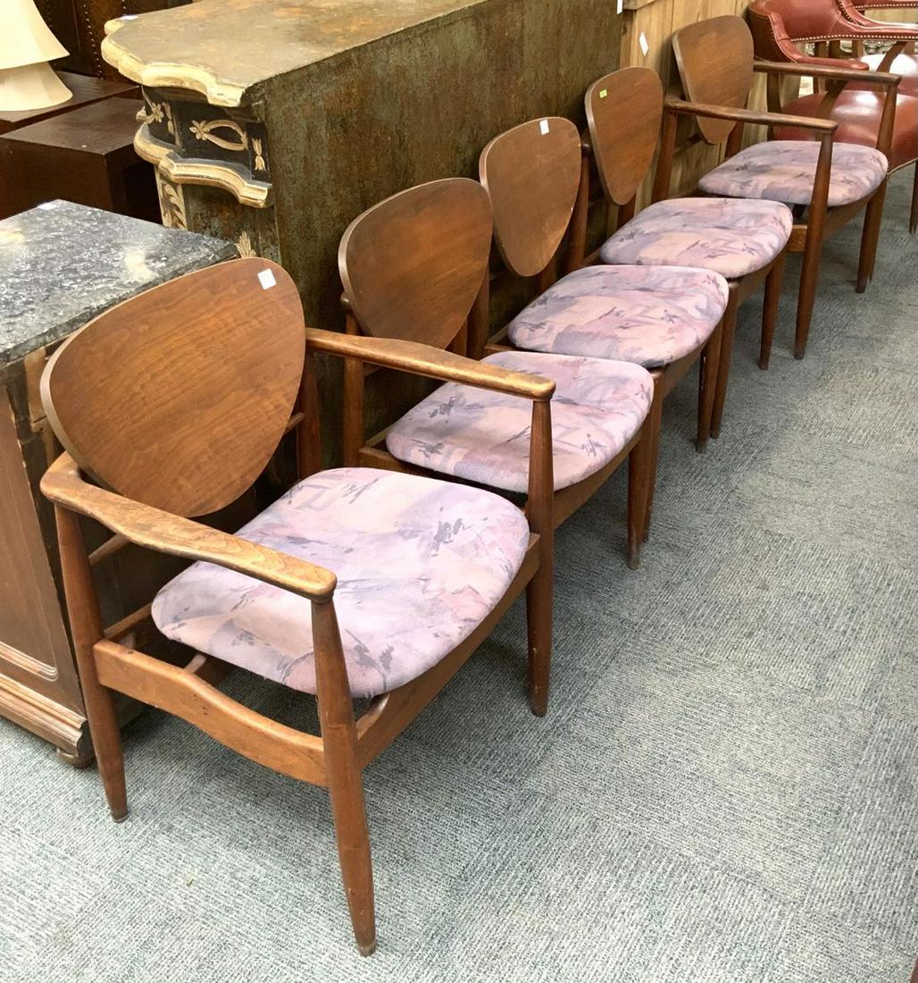 Set of 5 Mid-Century Modern Dining Chairs.: Two of these have Arms. The Arms on the Armchairs are Quite Worn. One of the Chairs without Arms has a Bit of Veneer Missing from the Back. Third-Party Shipping or Personal Pickup Required.