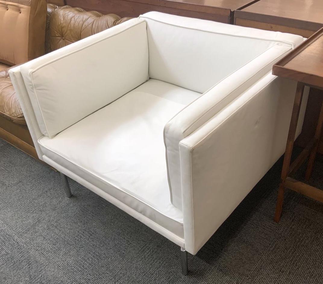 Oversized Modern White Leather HBF Chair.: With Chrome Cylinder Legs. In Overall Very Good Condition, but it Does have Dirt in some Spots, and a bit of Scuffing in One Corner. Measures 39" Wide, 31" Tall, and 371/2" Deep. Third-Party Freight S