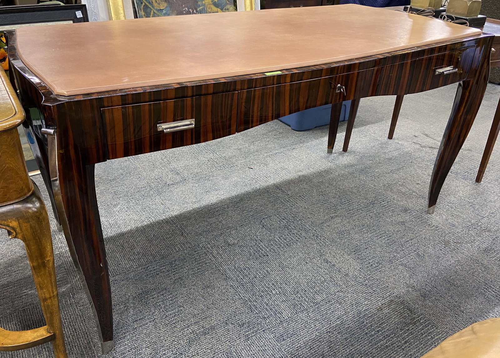 Fancy Art Deco Style Modern Writing Desk.: With a Leather Top. The Top has a Few Imperfections, but the Desk is in Good Overall Condition. Measures 58" Wide, 30 3/4" Tall, and 30" Deep. Third-Party Freight Shipping or Personal Pickup Required.