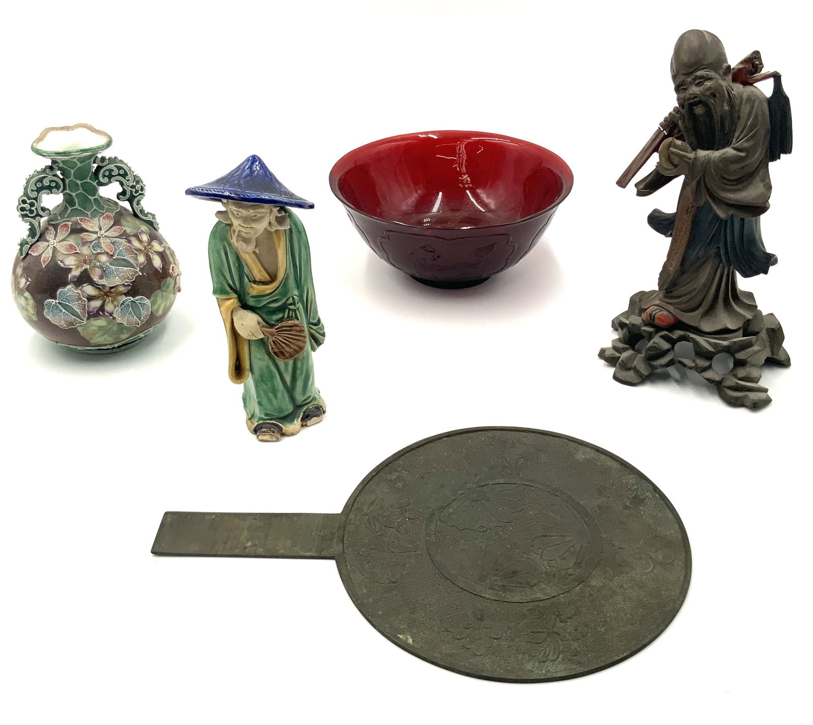 Lot of 5 Assorted Asian Items.: Includes: A Mud Figure (6 1/4" Tall), a Very Old Hand Mirror, a Red Glass Bowl (6 5/8" Diameter, 2 7/8" Tall, Imperfection on Lip of the Bowl), a Painted Carved Wood Figure of a Man (As Is, Part of Wh