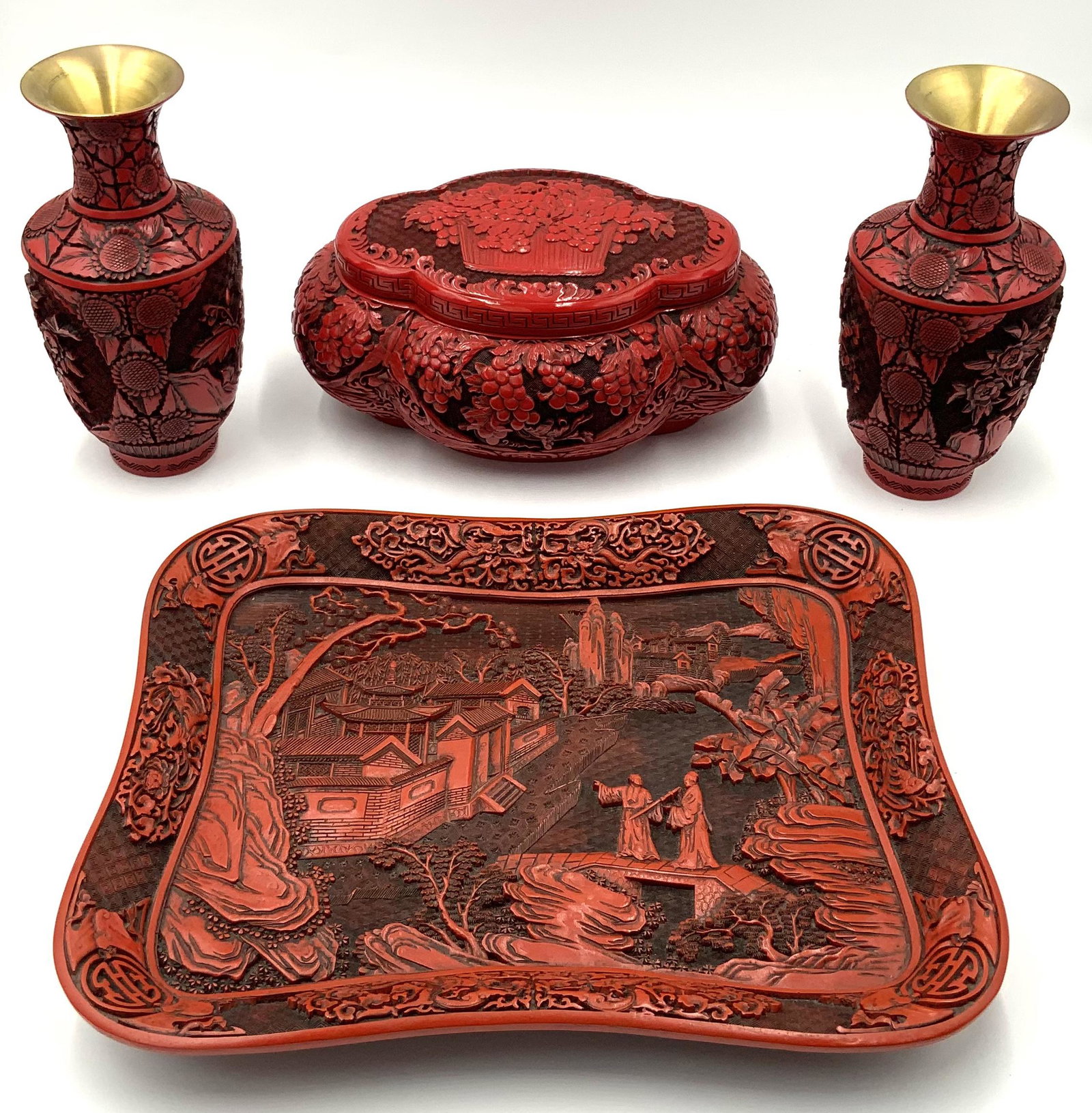 Lot: 4 Pcs. of Chinese Cinnebar.: Includes a Tray (14 1/4" x 12"), Large Covered Box (Unusual Shape, 11" Wide, 5" High, 7" Deep), and a Pair of Vases (8 3/4" Tall). Third-Party Shipping or Personal Pickup Required.
