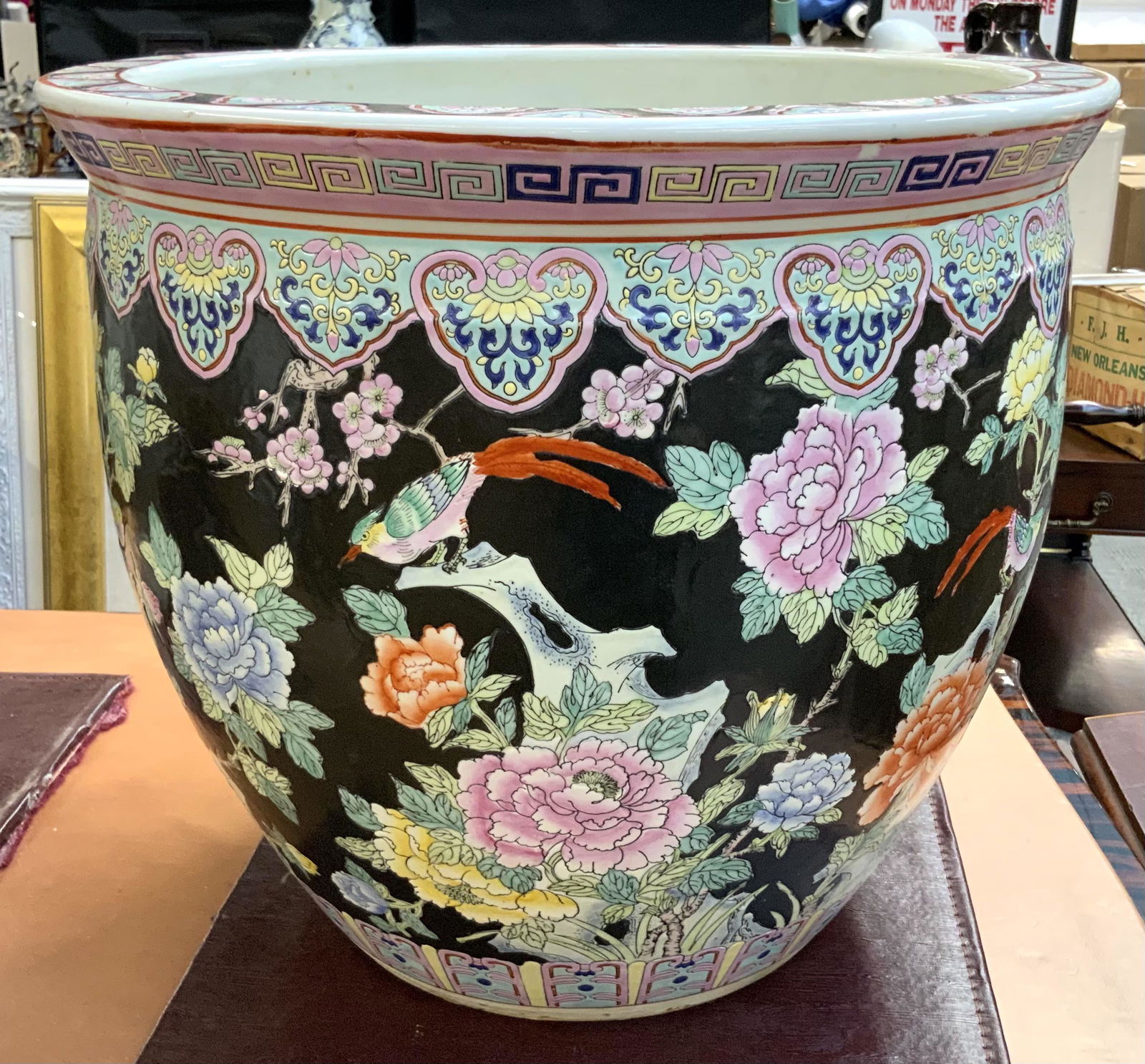 Large Chinese Hand-Painted Planter.: Or, Jardiniere. With Fish Designs on the Inside, and Bird and Floral Designs on the Outside. Measures 15 1/2" Tall and 18" in Diameter. It's Quite Heavy. Third-Party Shipping or Personal Pickup Requir