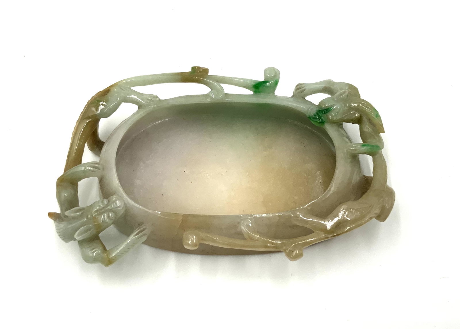 Carved Jadeite Asian Tray with Dragons.: One of the Dragons has a Very Tiny Chip on the Ear. The Tray Measures 4" Wide, 7/16" High, and 2 3/4" Deep.