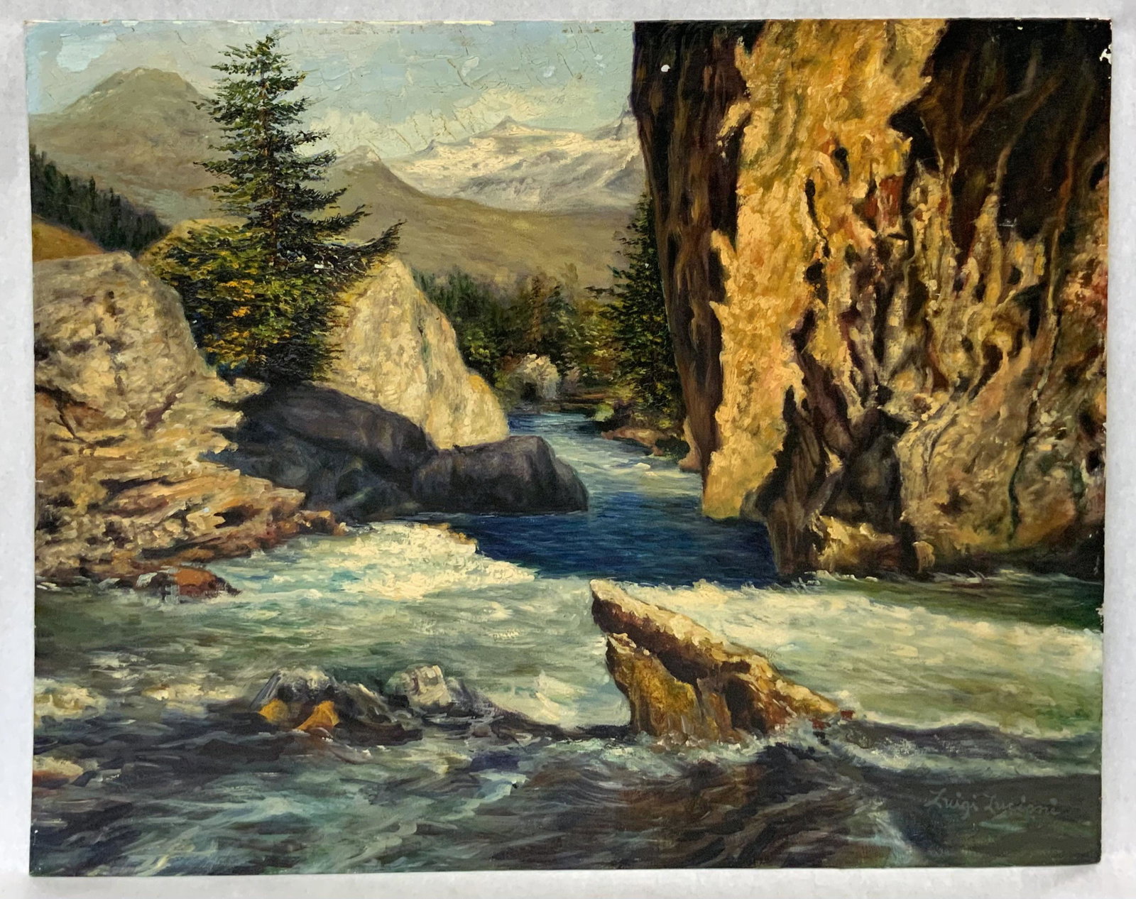 Original Luigi Lucioni Painting, River Scene.: Oil on Board. Signed Lower Right. Measures 24" x 30". Unframed. Has some Paint Flaking along the Upper Edge. Third-Party Shipping or Personal Pickup Required.