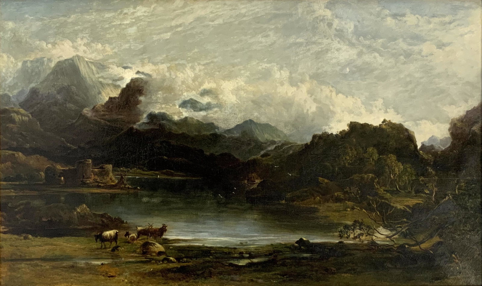 Large Oil Painting, Scottish School Lake Scene.: Oil on Canvas. Unsigned. Image Size Measures 23 1/2" x 39 1/4". Frame Size Measures 31" x 46". The Frame has Minor Damage on the Corners. The Painting Has a Small Area of Damage in the Sky. Third-Part