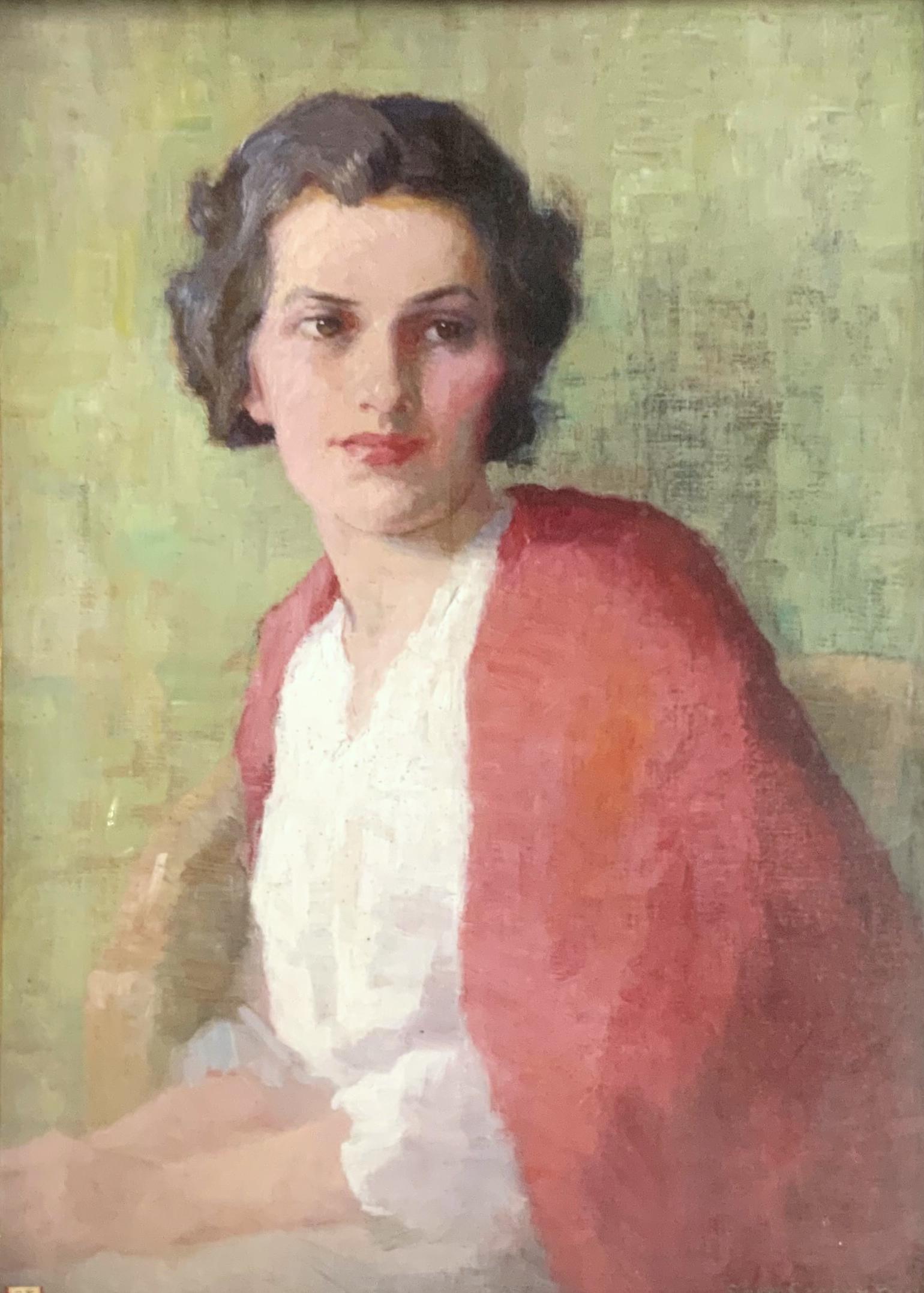 Painting of an Art Deco Woman by Sara Crosby Buck.: Oil on Canvas, Under Glass. Signed Lower Right. Measures 28" x 20". Third-Party Shipping or Personal Pickup Required.