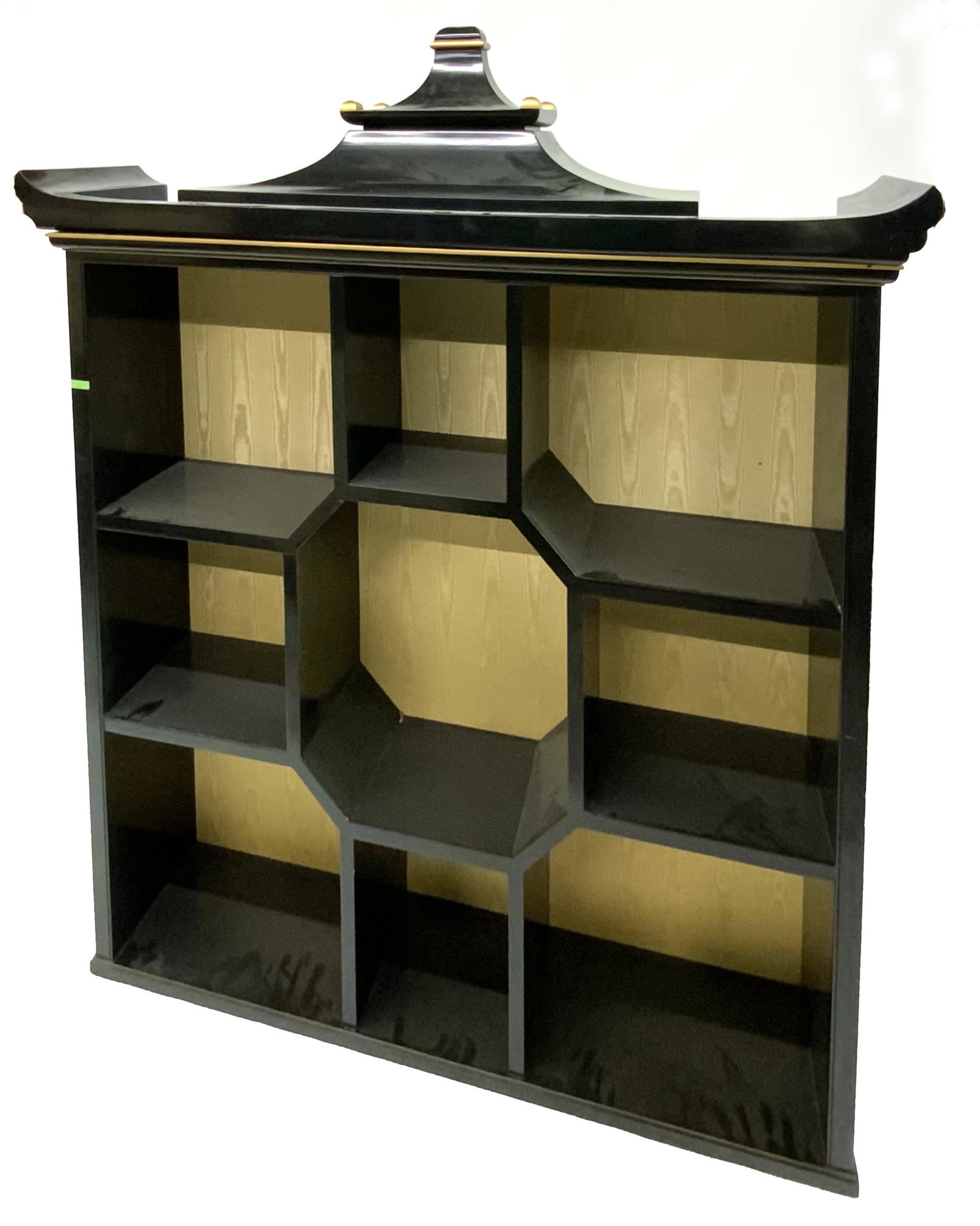 Dorothy Draper for Kindel Asian-Style Hutch Top.: Missing the Base. Pagoda Design, Black Lacquer Finish. Measures 63" High, 58" Wide, and 13 1/4" Deep. Third-Party Freight Shipping or Personal Pickup Required.