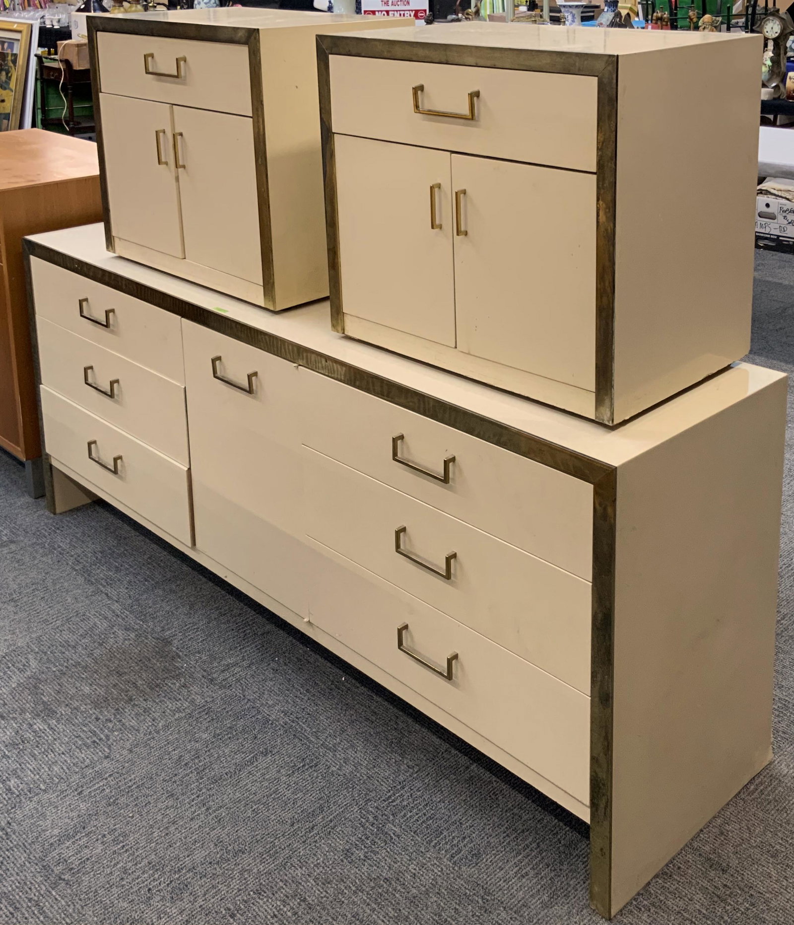 West Michigan Furniture Co. 3 Pc. Bedroom Set.: Mid-Century. With Metal Frames & Handles. Has Light Wear. The Dresser Measures 75" Wide, 30" Tall, and 19 1/4" Deep. The Pair of Nightstands Measure 26" Wide, 22 1/2" High, and 16" Deep. Third-Party F
